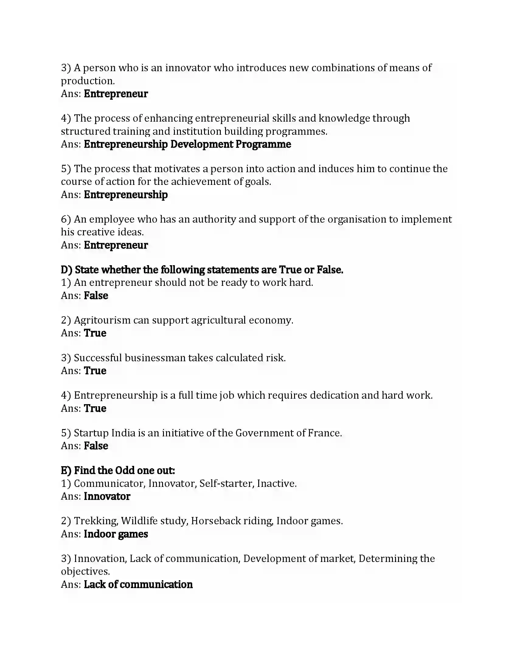 Maharashtra Board Class 12th Organization of Commerce & Management Entrepreneurship Development Revision Note 2