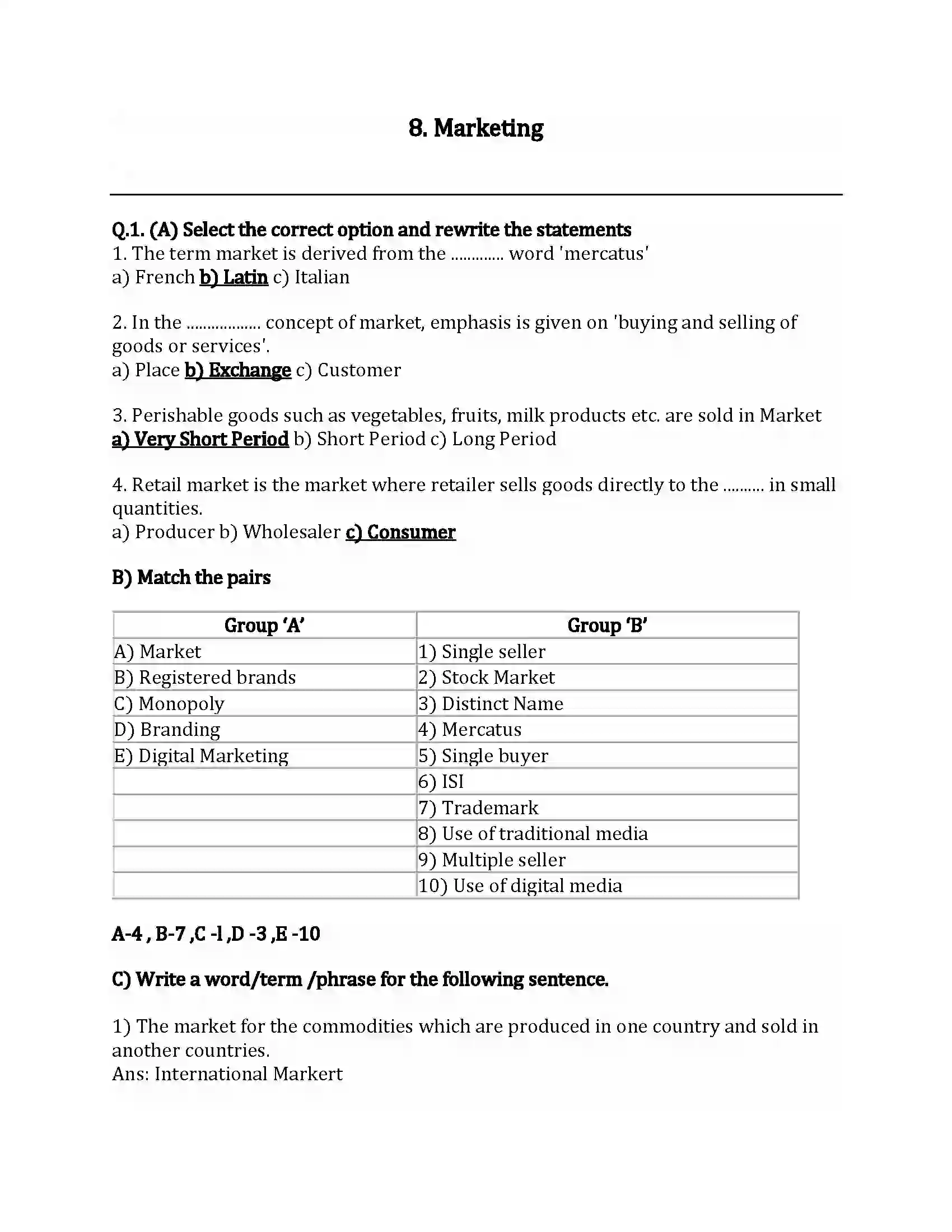 Maharashtra Board Class 12th Organization of Commerce & Management Marketing Revision Note 1