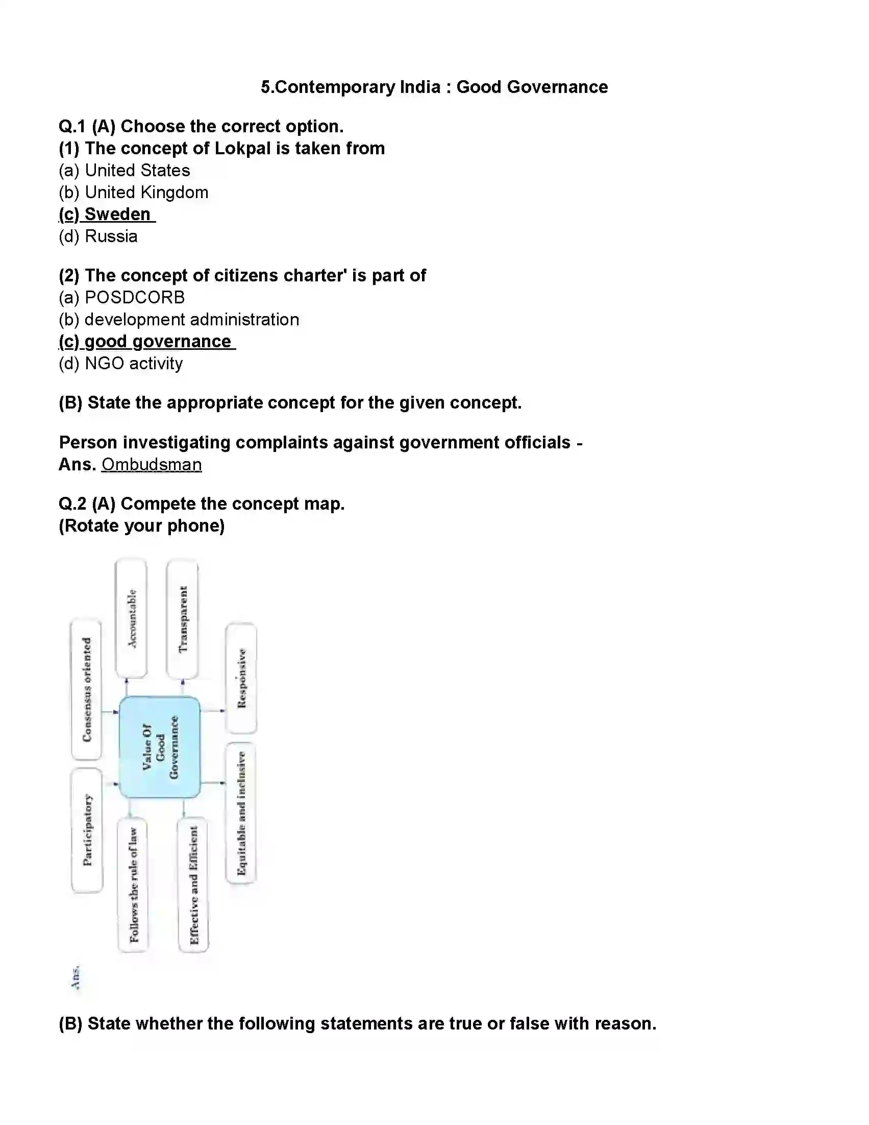 Maharashtra Board Class 12th Political Science Contemporary India - Good Governance Revision Note 1