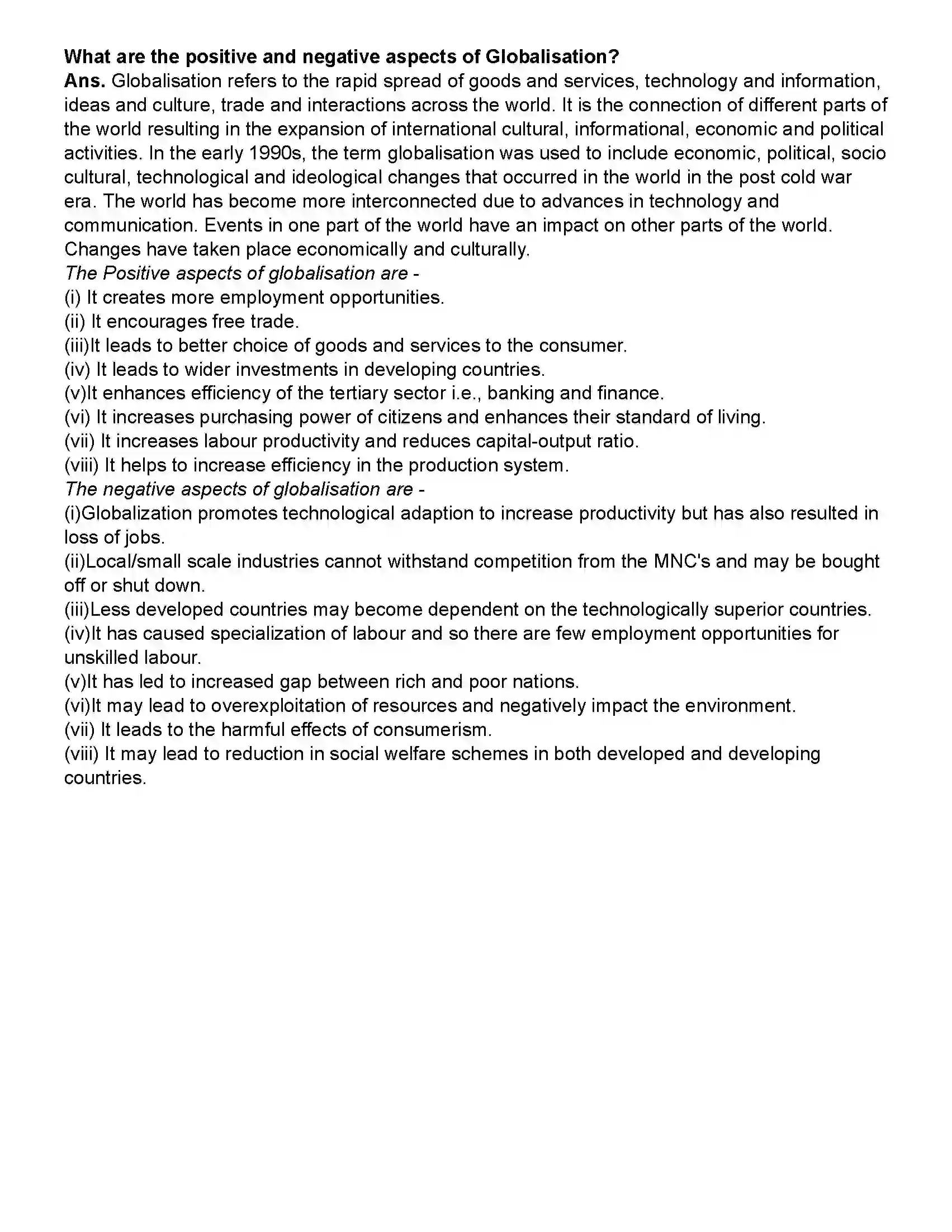 Maharashtra Board Class 12th Political Science Key Concepts and Issues Since 1991 - Globalisation Revision Note 3