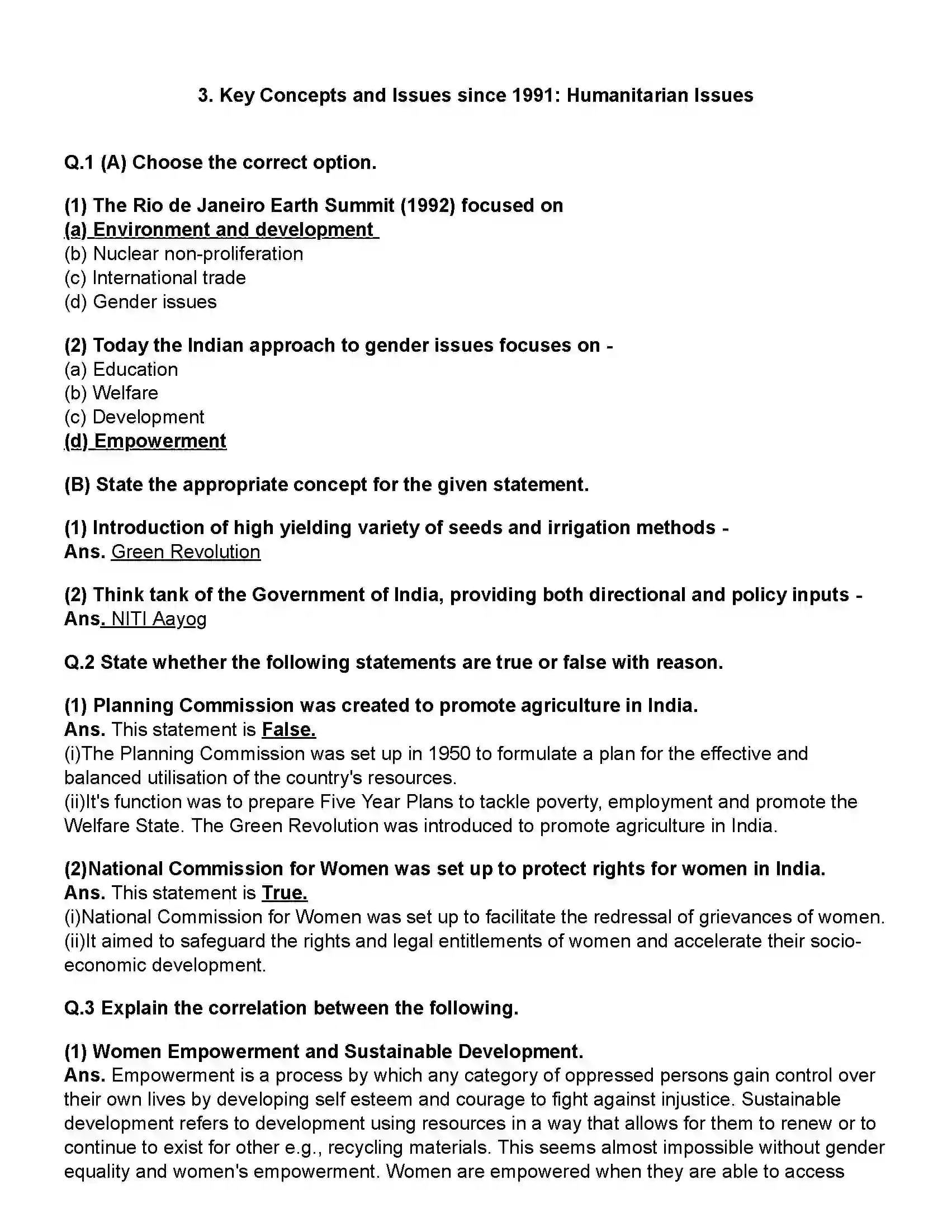 Maharashtra Board Class 12th Political Science Key Concepts & Issues Since 1991 - Humanitarian Issues Revision Note 1