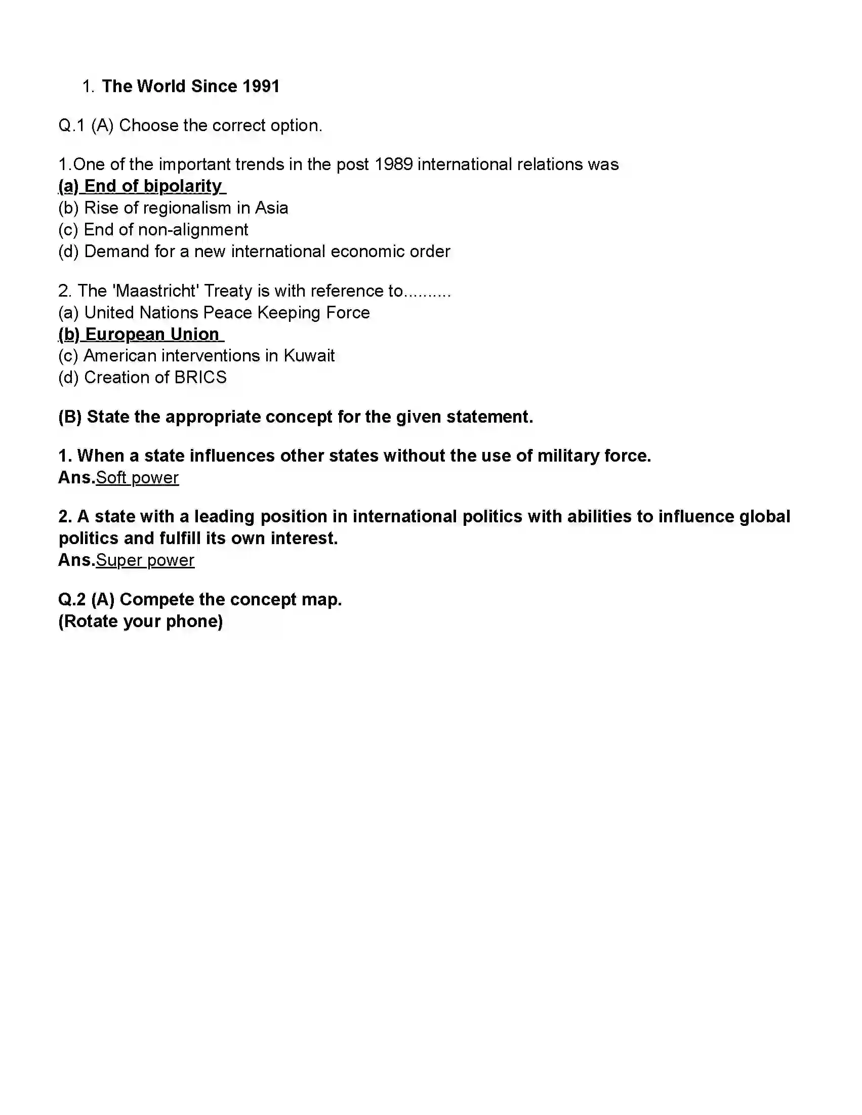 Maharashtra Board Class 12th Political Science The world Since 1991 Revision Note 1