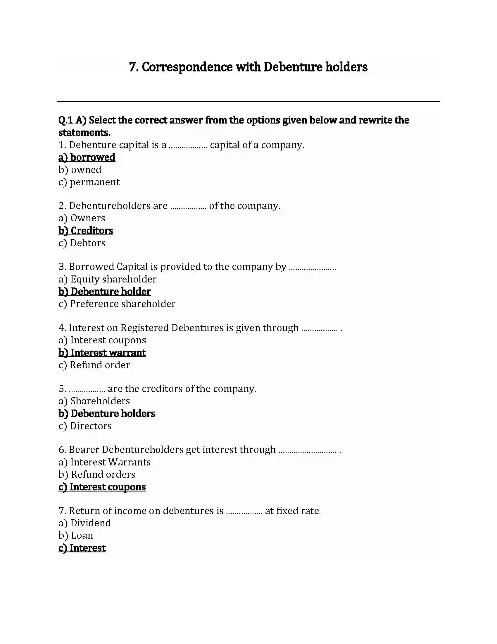 Maharashtra Board Class 12th Secretarial Practice Correspondence with Debenture Holders Revision Note 1