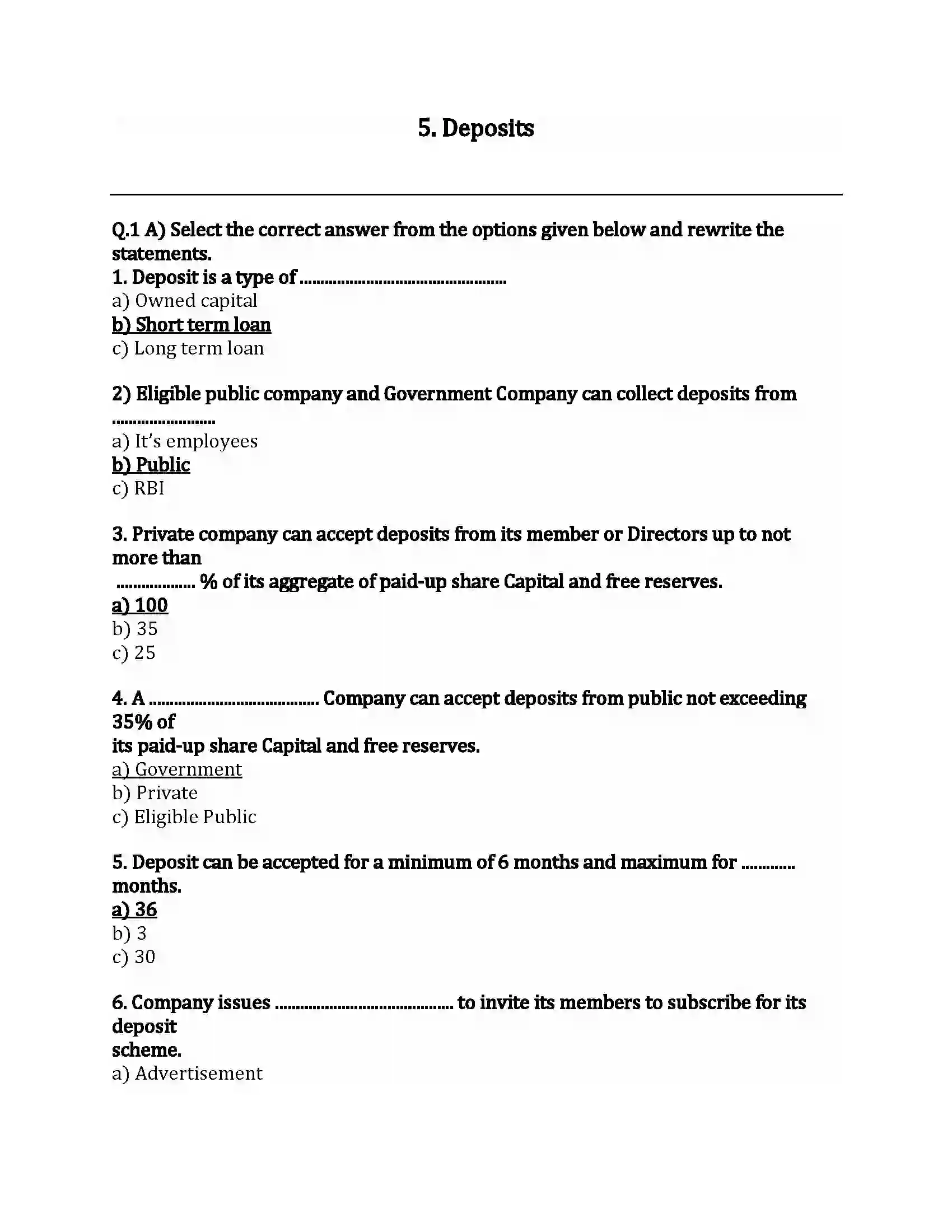 Maharashtra Board Class 12th Secretarial Practice Deposits Revision Note 1