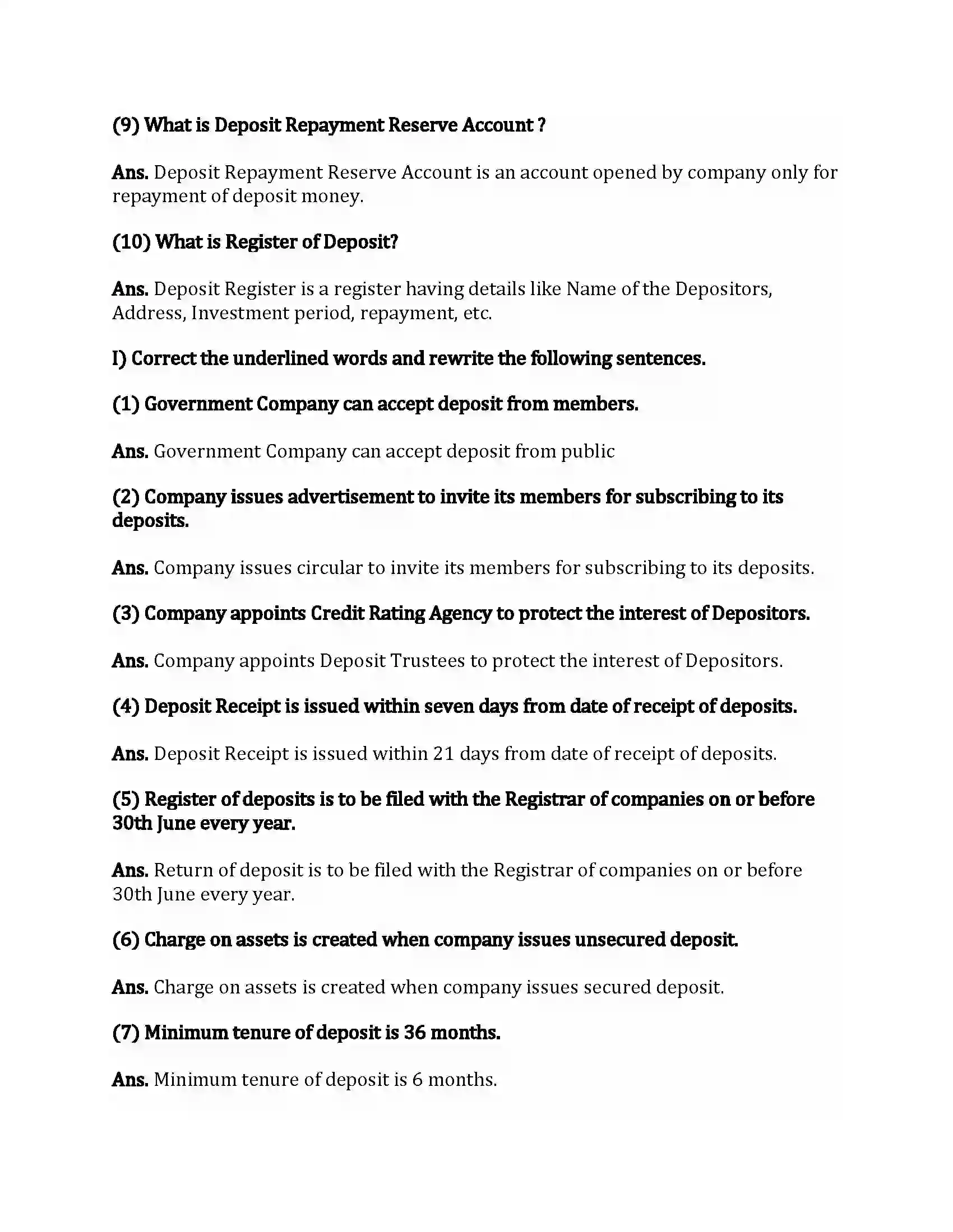 Maharashtra Board Class 12th Secretarial Practice Deposits Revision Note 8