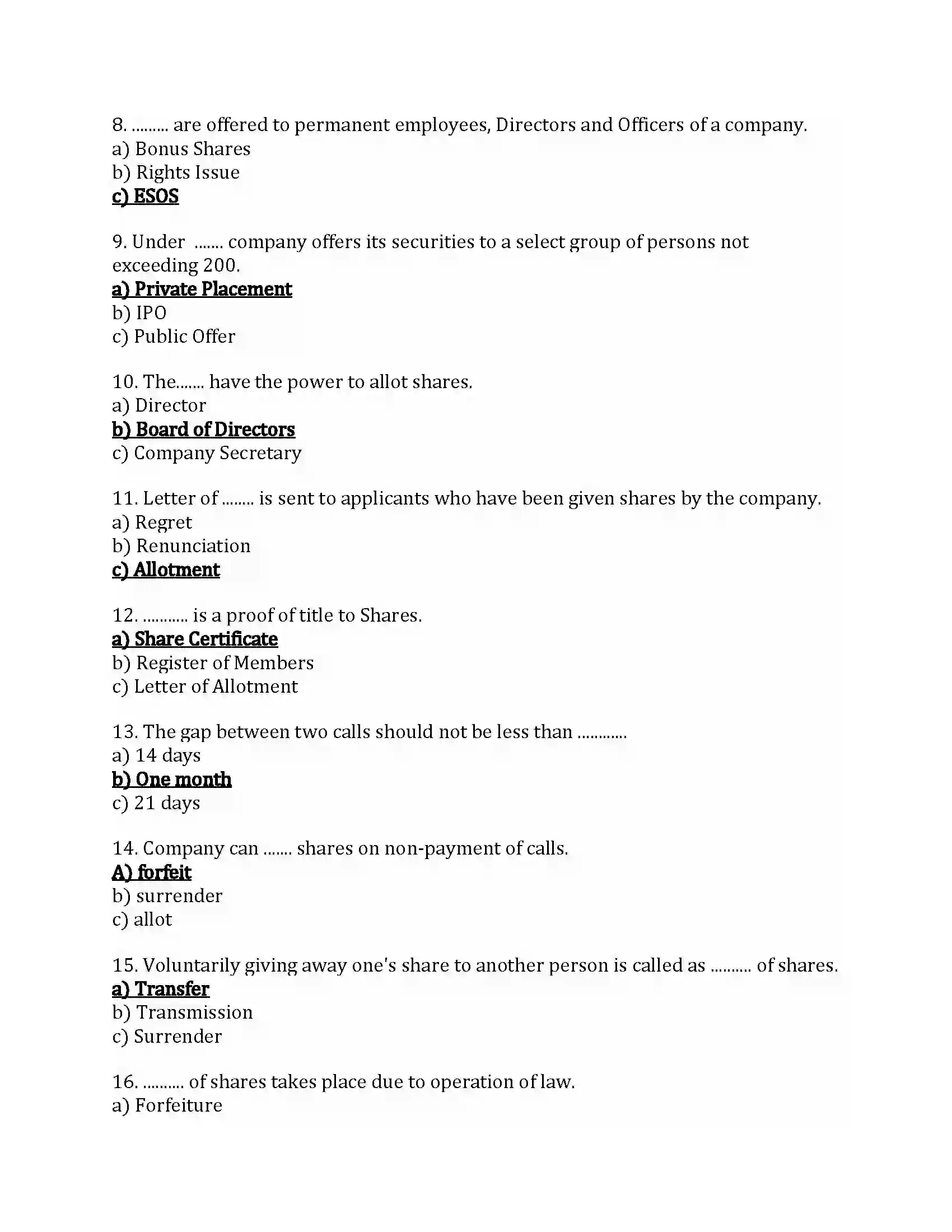 Maharashtra Board Class 12th Secretarial Practice Issue of Shares Revision Note 2