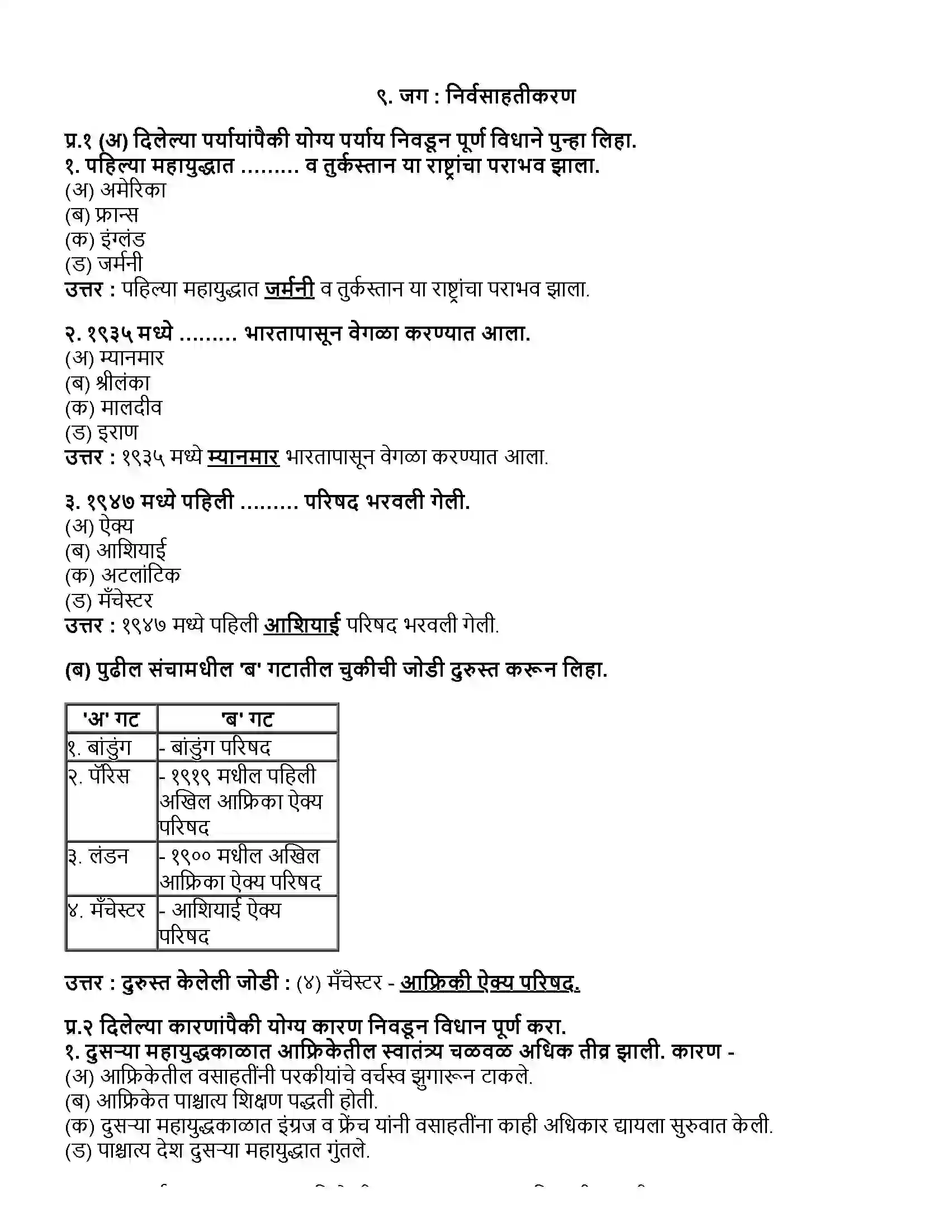 Maharashtra Board Class 12th इतिहास जग - निर्वसाहतीकरण Revision Note 1