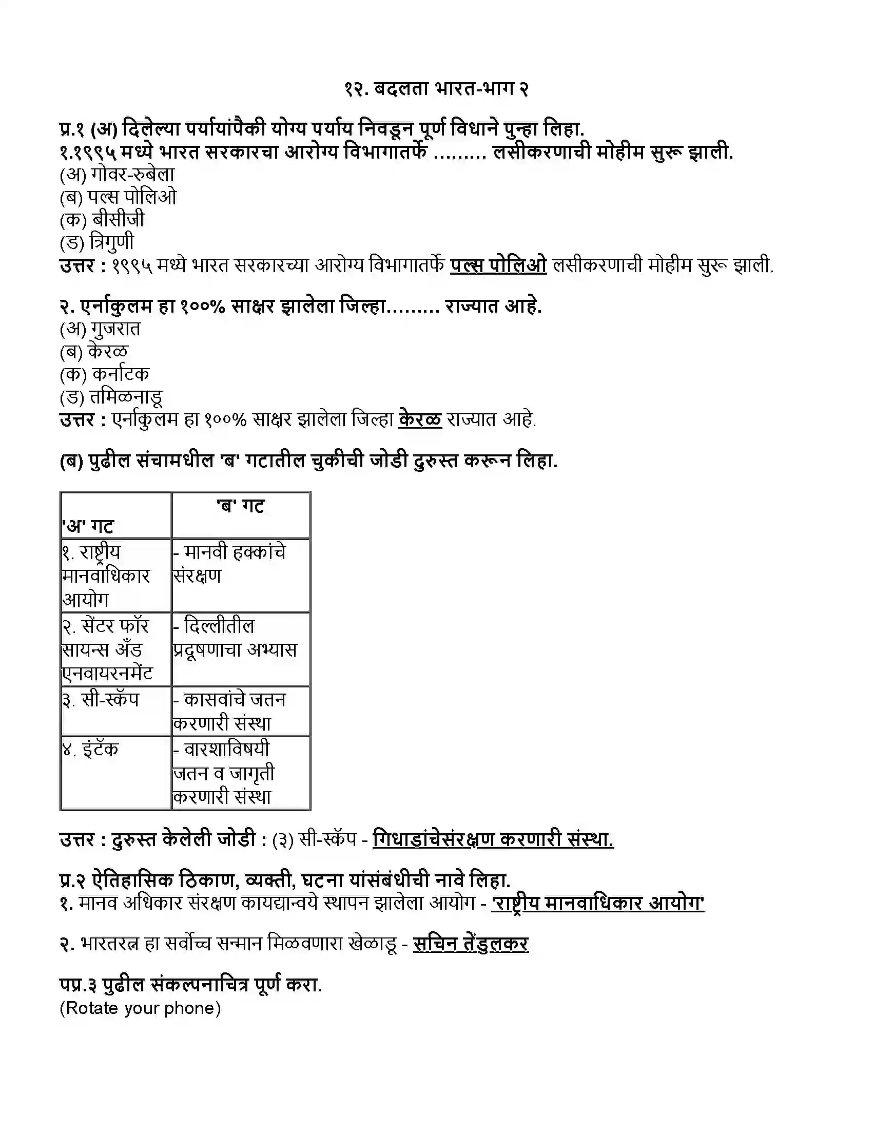 Maharashtra Board Class 12th इतिहास बदलता भारत भाग २ Revision Note 1