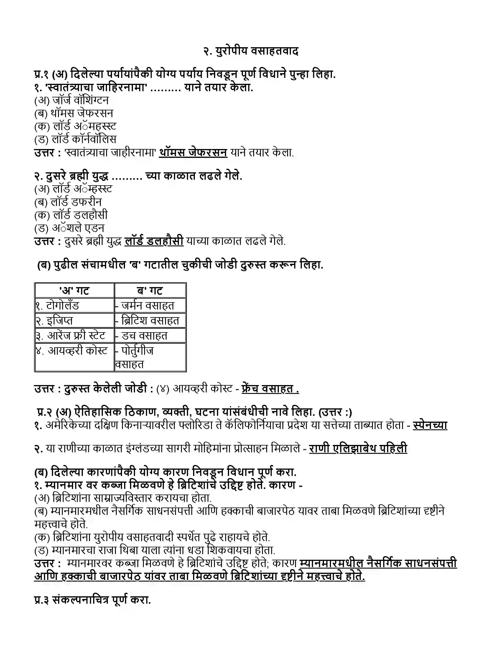 Maharashtra Board Class 12th इतिहास युरोपीय वसाहतवाद Revision Note 1