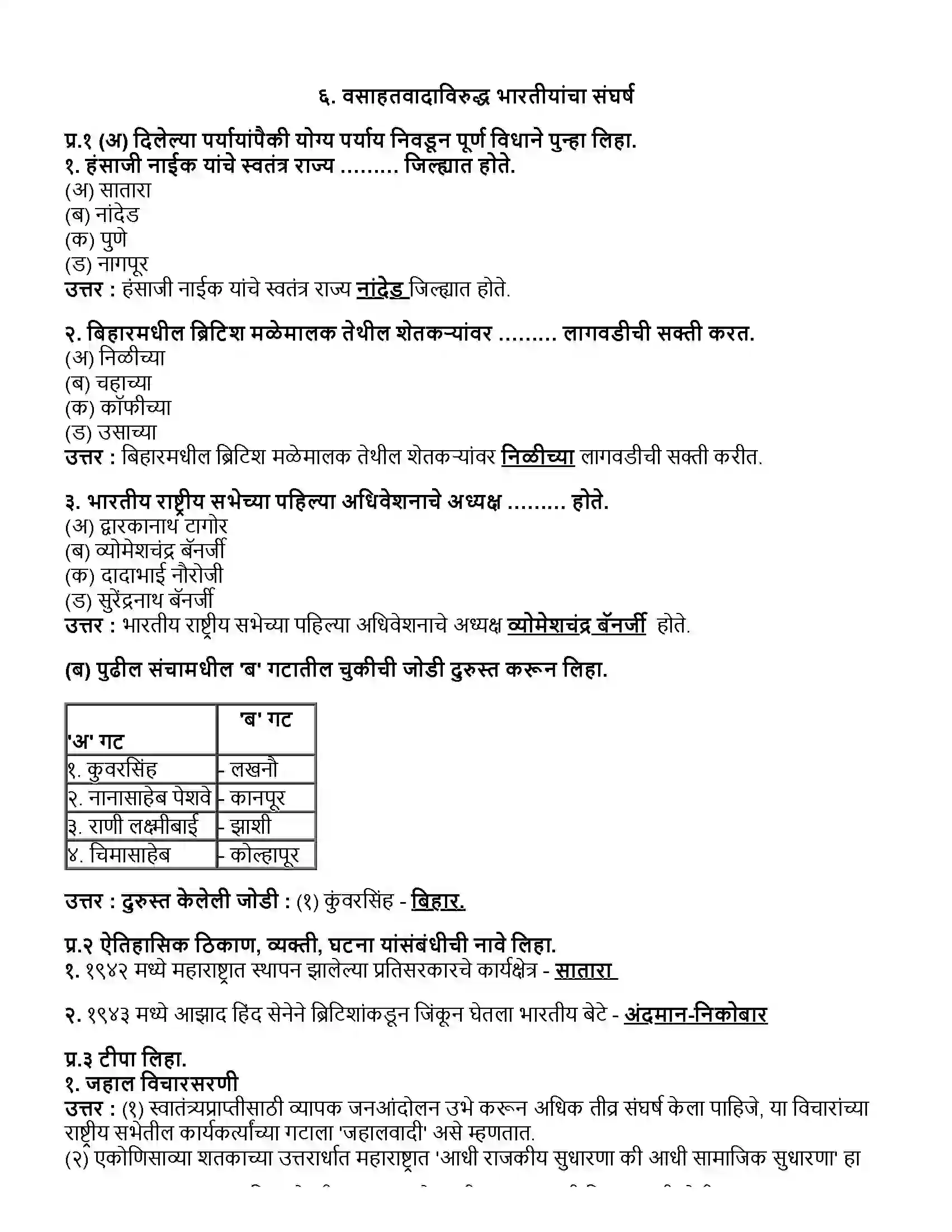 Maharashtra Board Class 12th इतिहास वसाहतवाद विरुद्ध भारत यांचा संघर्ष Revision Note 1