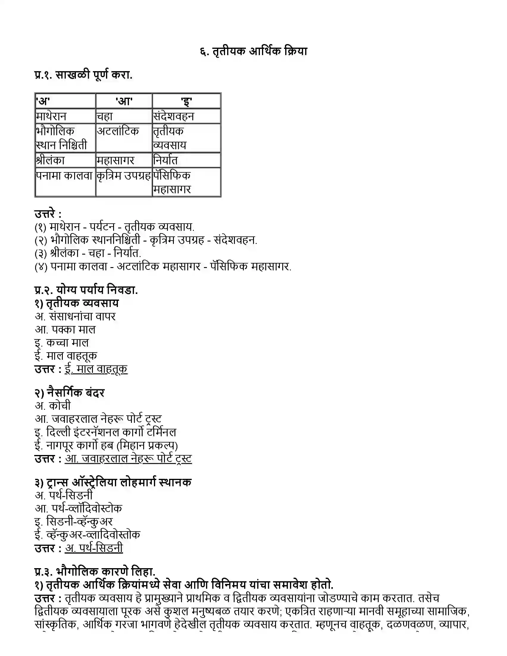 Maharashtra Board Class 12th भूगोल तृतीयक आर्थिक क्रिया Revision Note 1