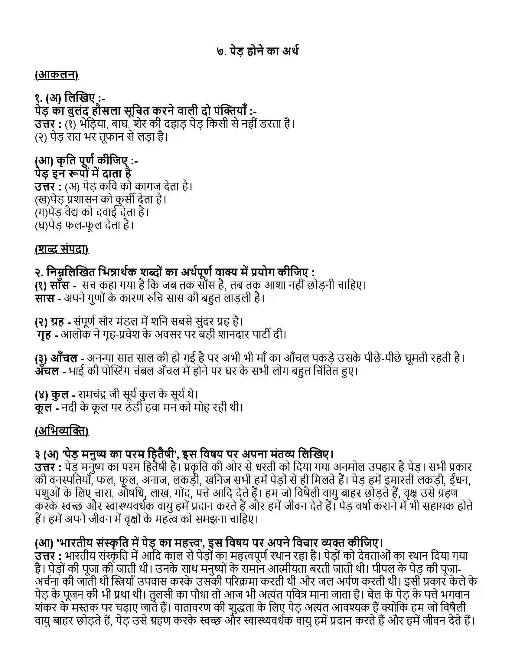 Maharashtra Board Class 12th हिंदी पेड़ होने का अर्थ Revision Note 1