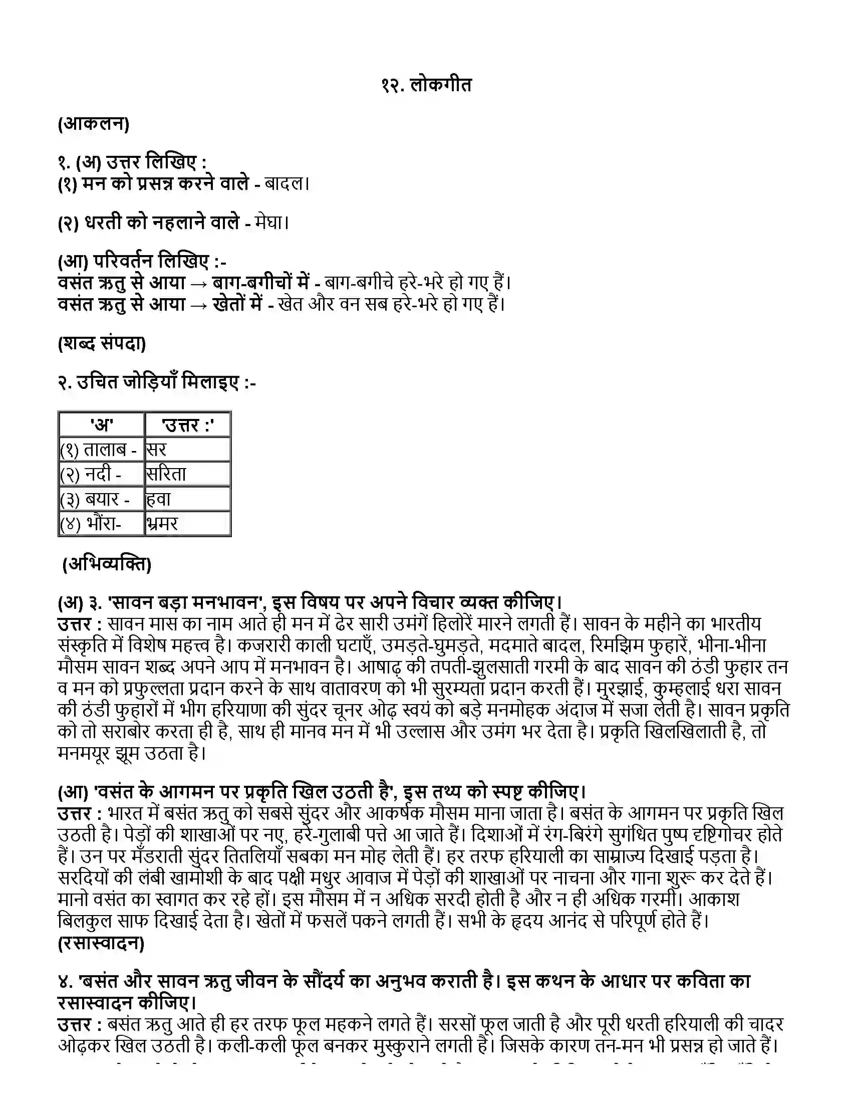 Maharashtra Board Class 12th हिंदी सुनो रे सखिया - कजरी Revision Note 1