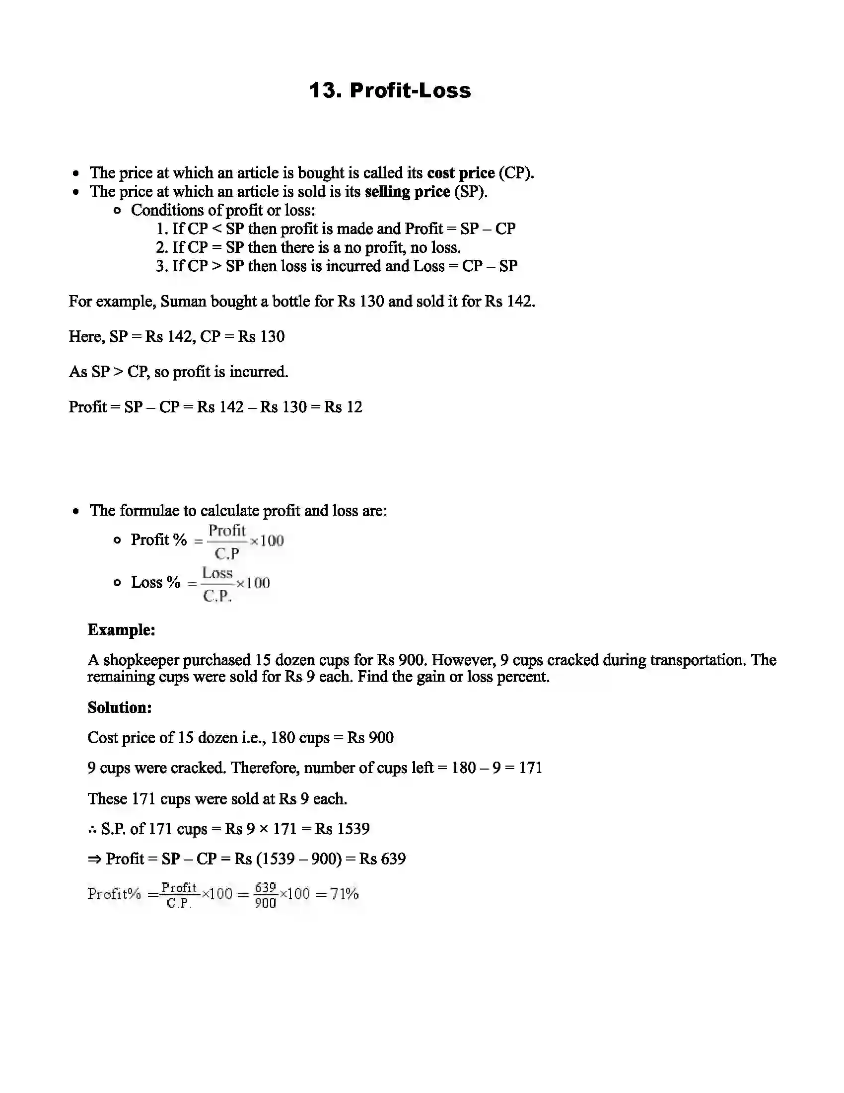 Maharashtra Board Class 6th Mathematics Profit-Loss Revision Note 1