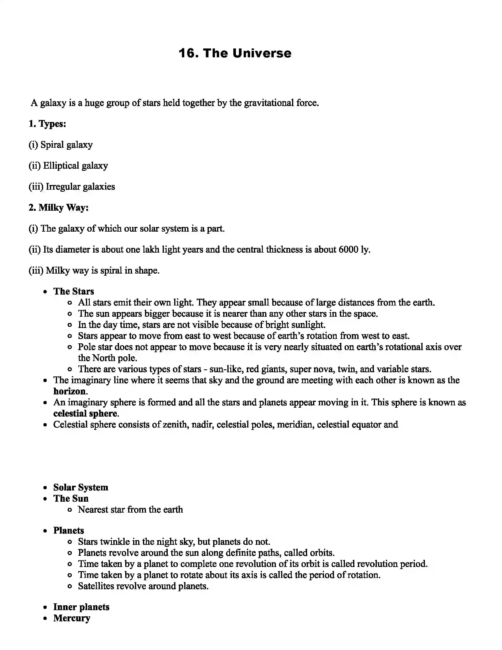 Maharashtra Board Class 6th Science The Universe Revision Note 1