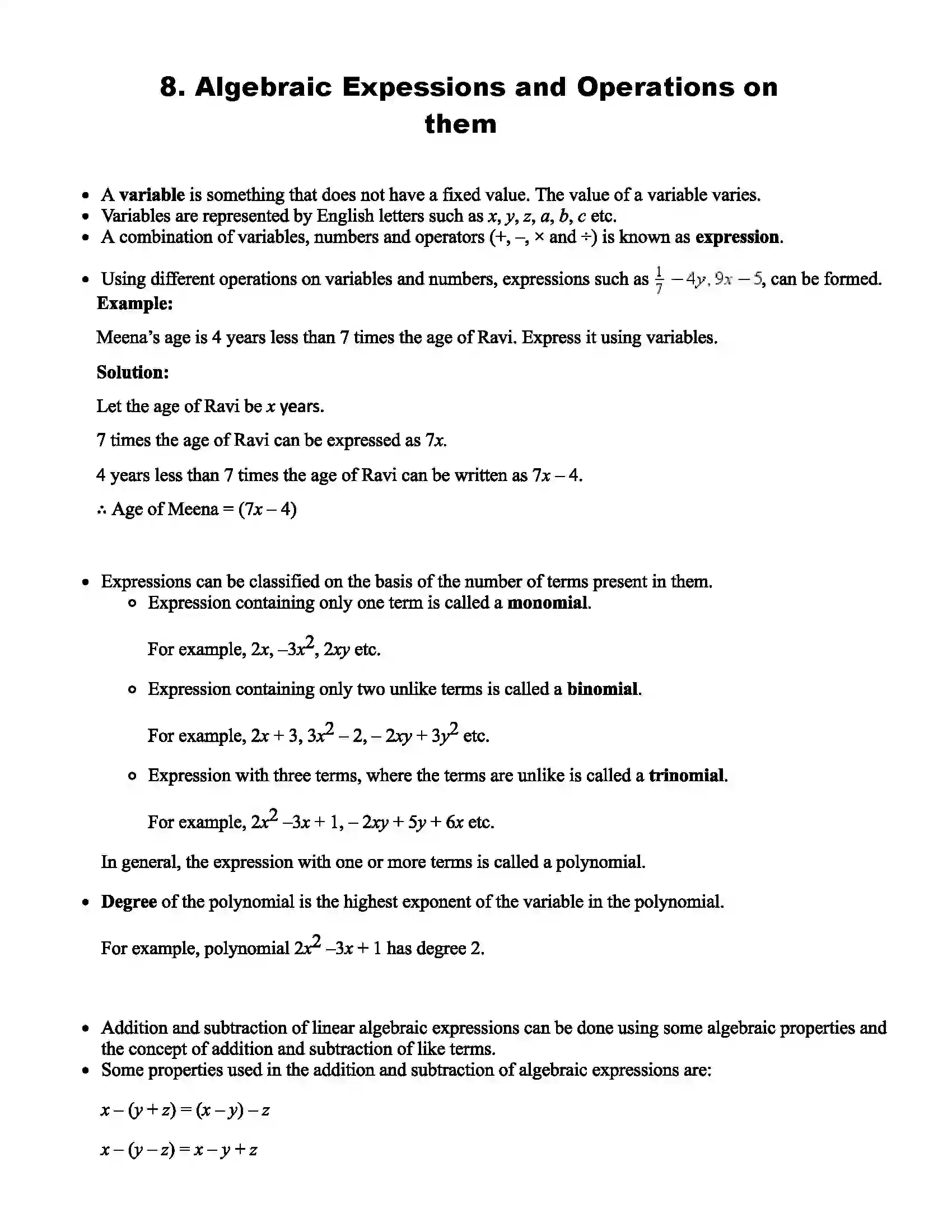 Maharashtra Board Class 7th Mathematics Algebraic Expessions and Operations on them Revision Note 1