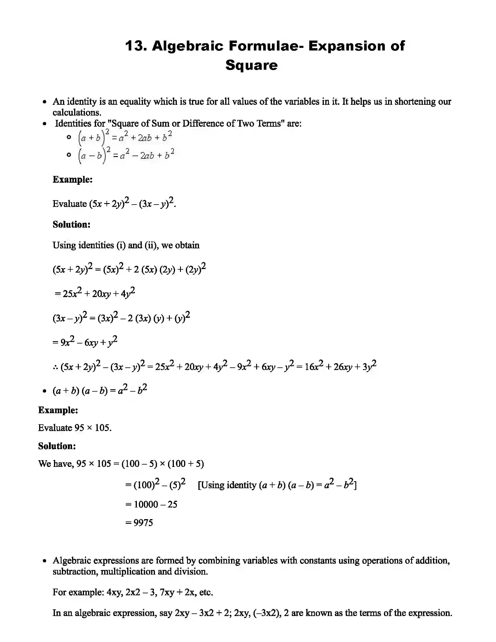 Maharashtra Board Class 7th Mathematics Algebraic Formulae- Expansion of Square Revision Note 1