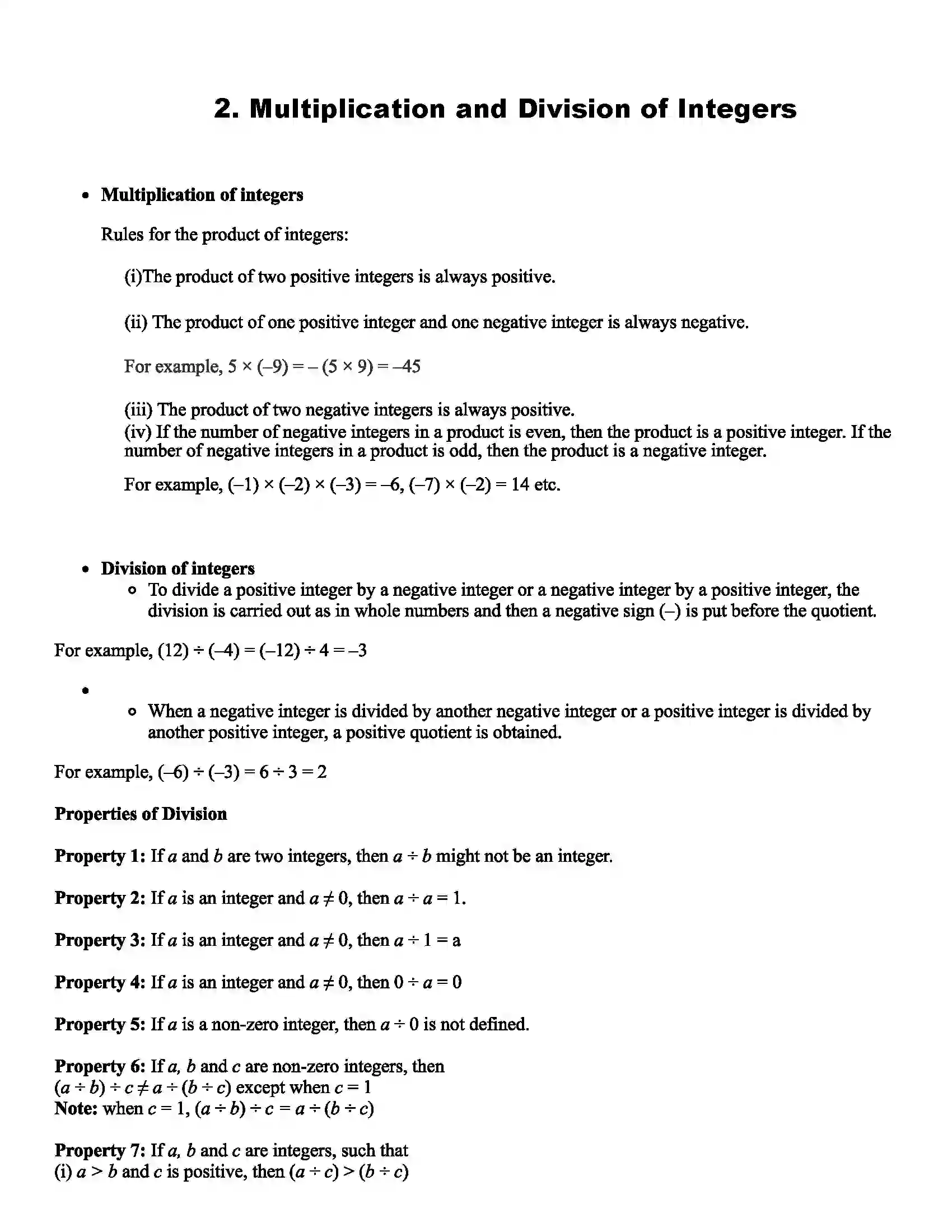Maharashtra Board Class 7th Mathematics Multiplication and Division of Integers Revision Note 1