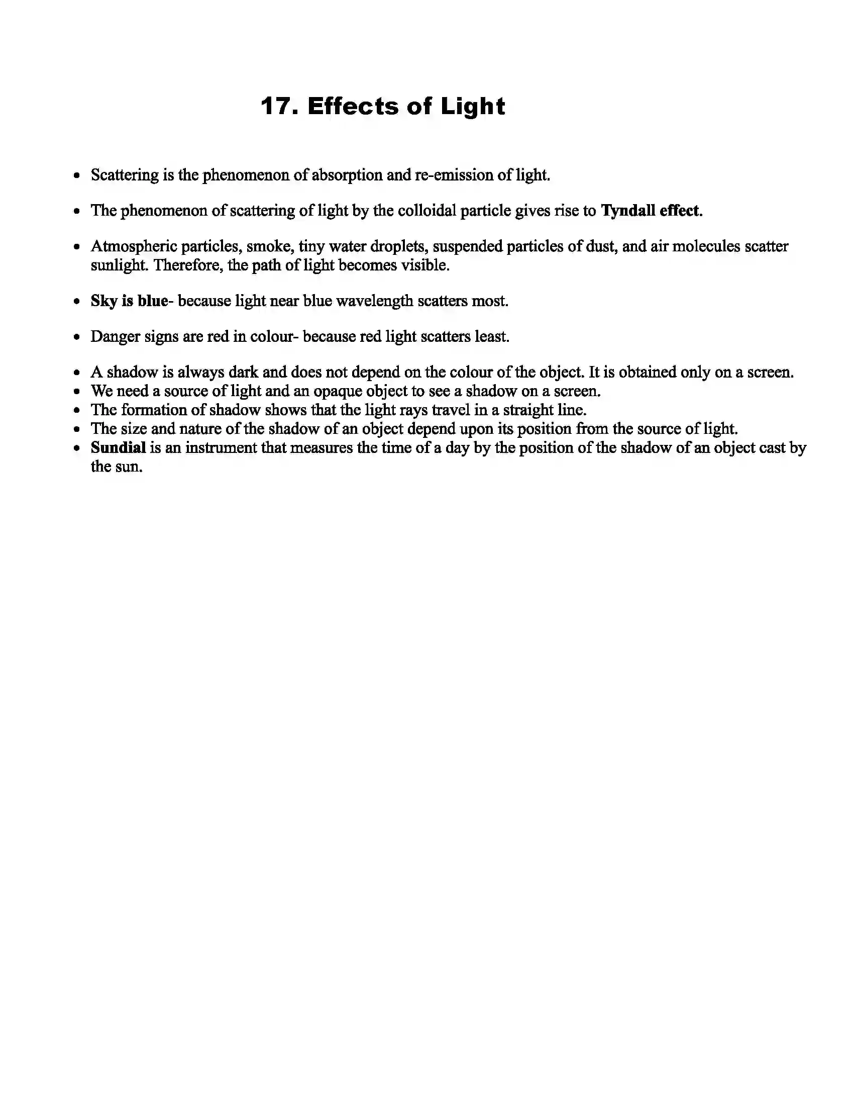 Maharashtra Board Class 7th Science Effects of Light Revision Note 1