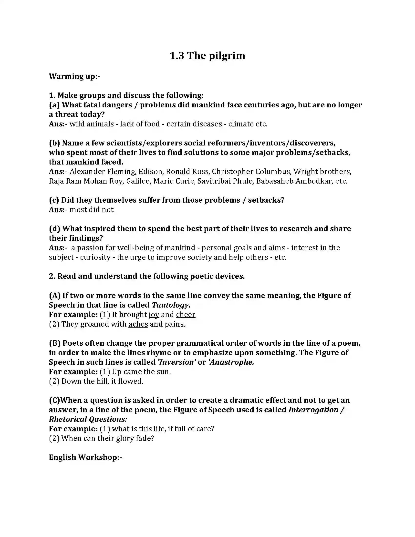 Maharashtra Board Class 8th English Bal Bharti 1.3 The pilgrim Revision Note 1