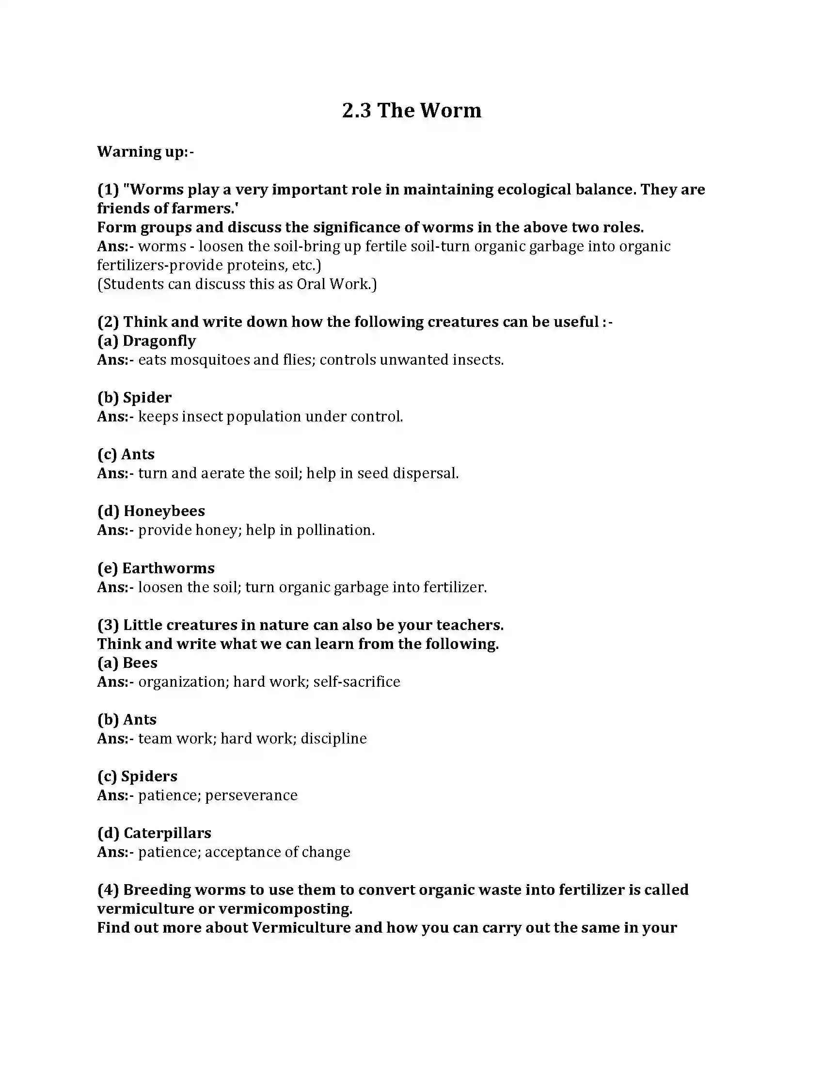 Maharashtra Board Class 8th English Bal Bharti 2.3 The Worm Revision Note 1