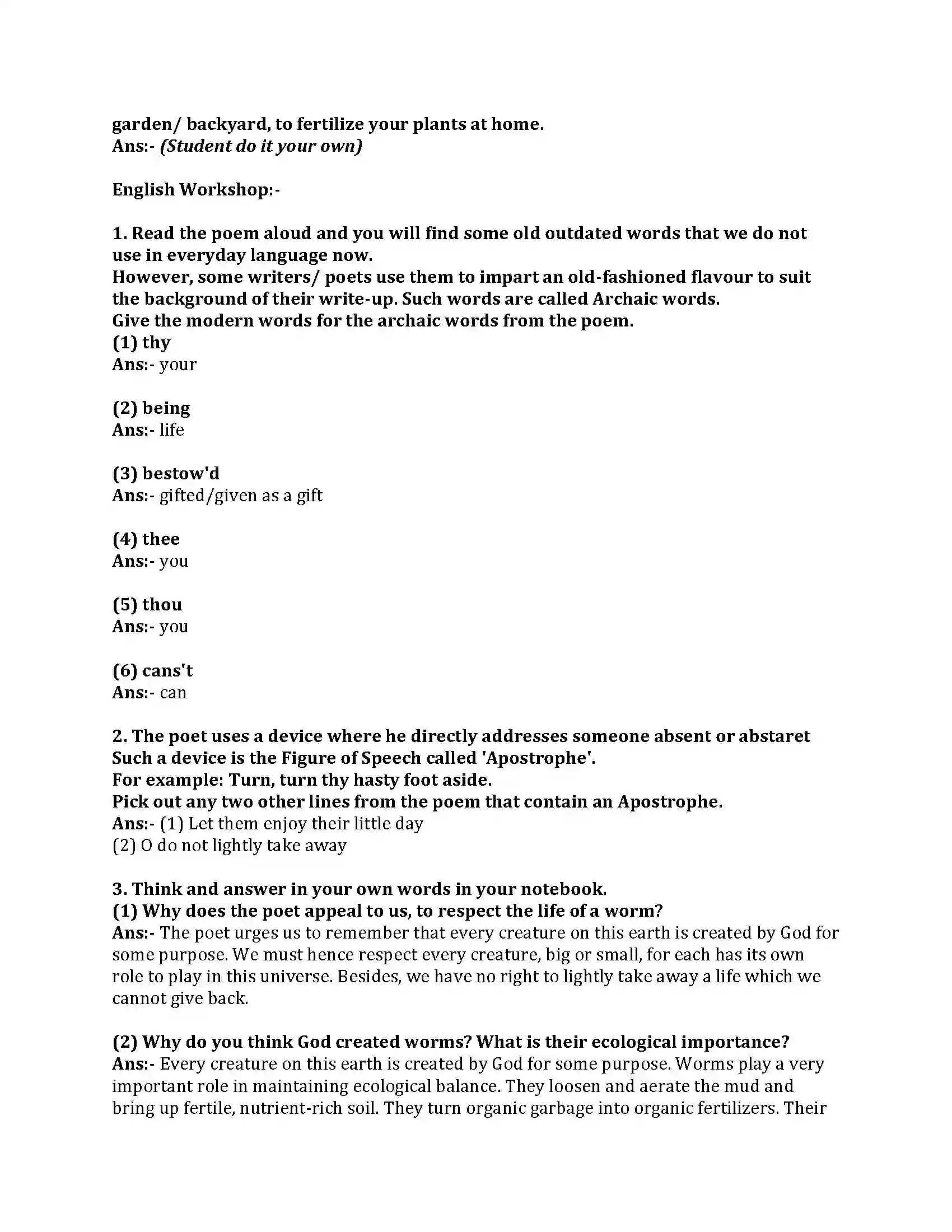 Maharashtra Board Class 8th English Bal Bharti 2.3 The Worm Revision Note 2