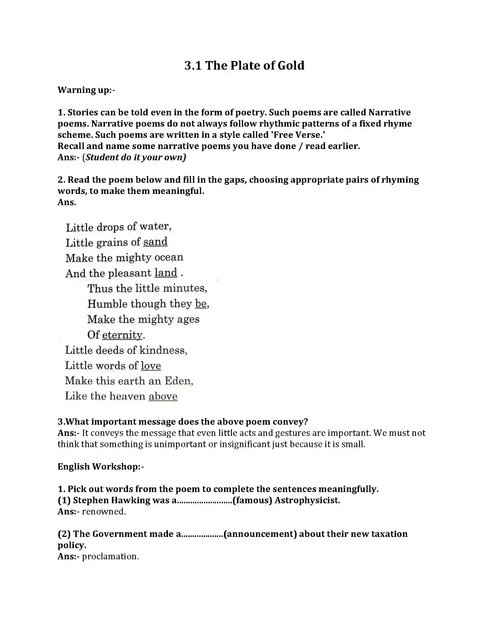 Maharashtra Board Class 8th English Bal Bharti 3.1 The Plate of Gold Revision Note 1