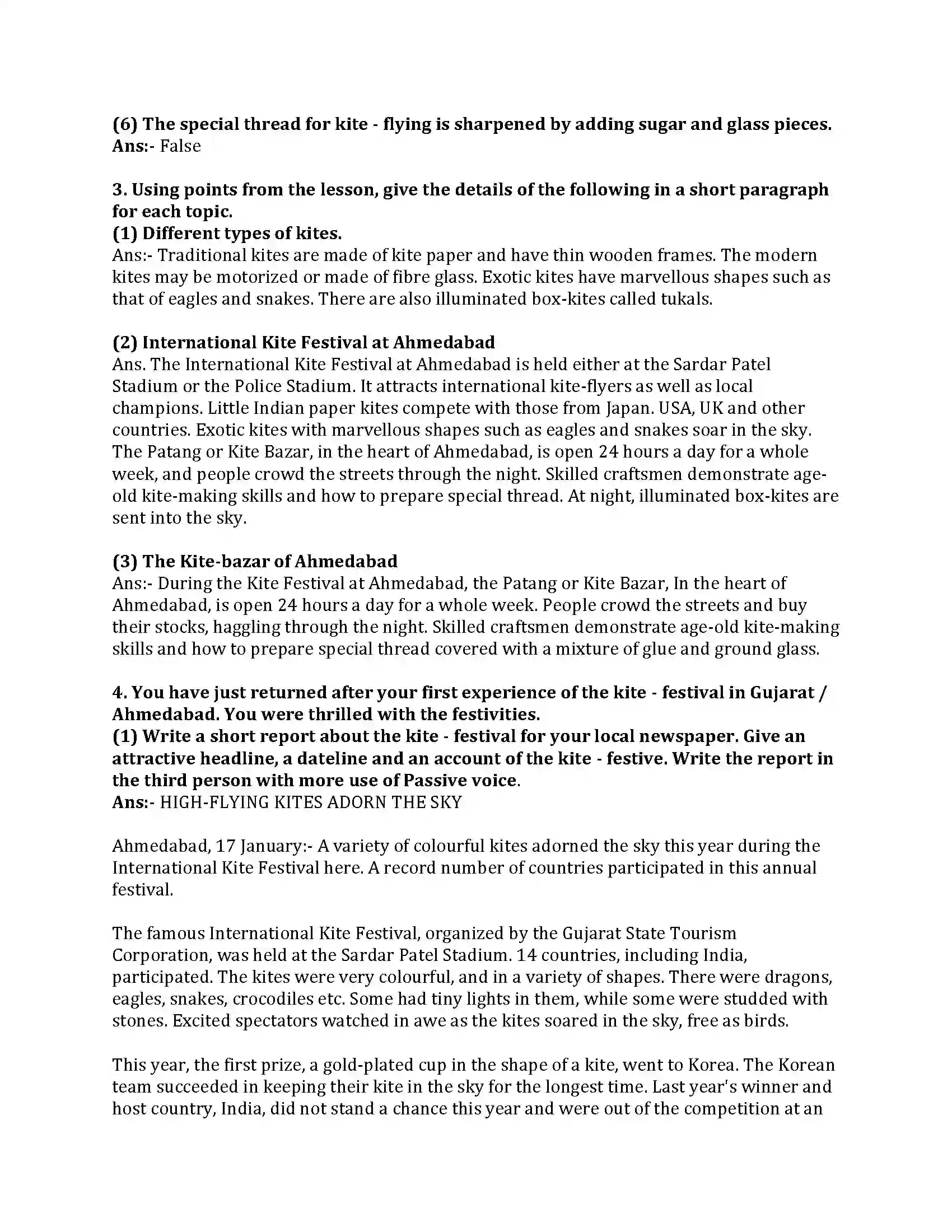Maharashtra Board Class 8th English Bal Bharti 3.2 The Kite Festival Revision Note 3