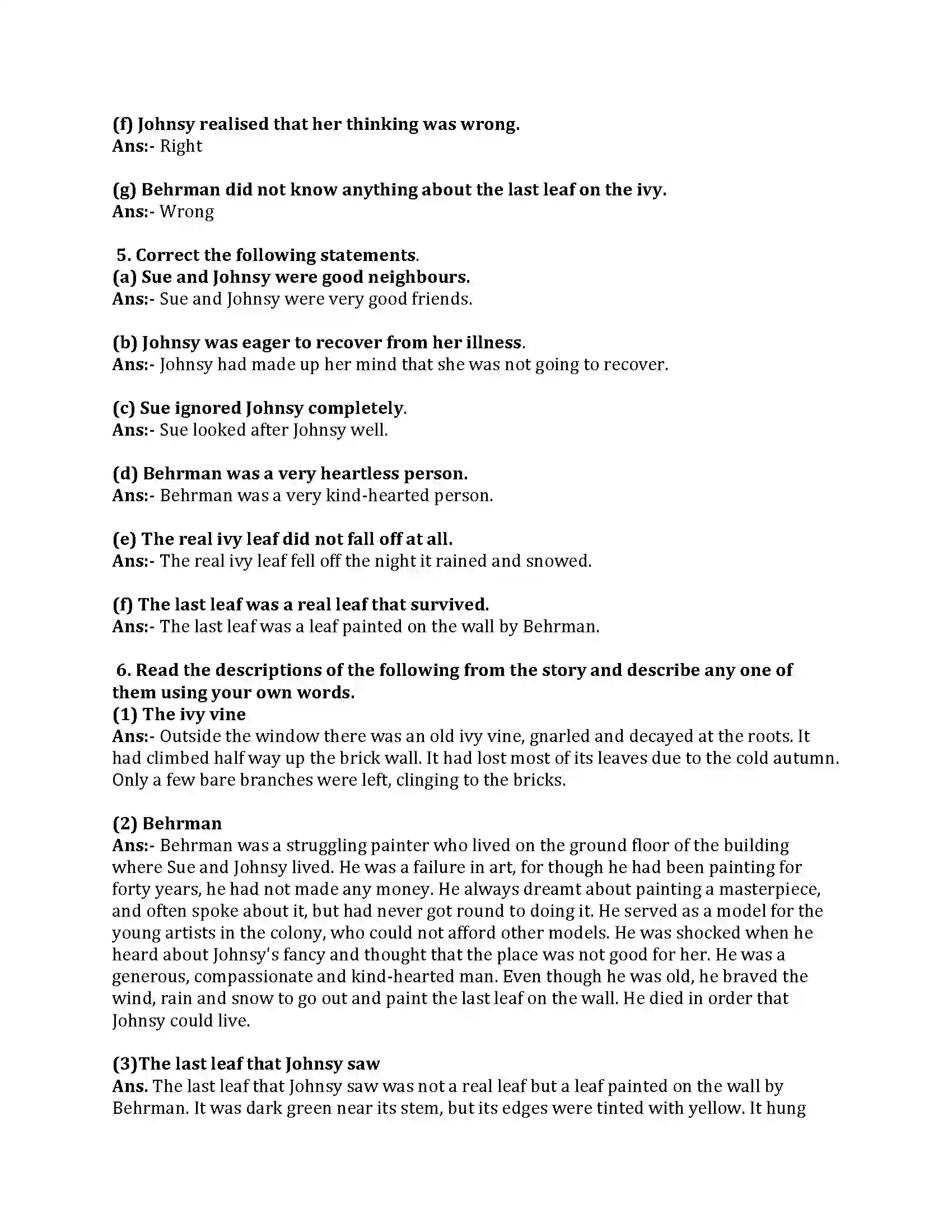 Maharashtra Board Class 8th English Bal Bharti 3.3 The Last Leaf Revision Note 4