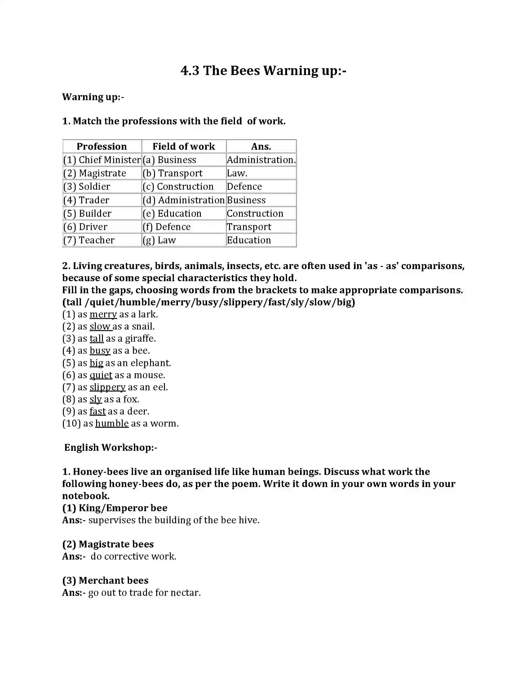 Maharashtra Board Class 8th English Bal Bharti 4.3 The Bees Warning up Revision Note 1