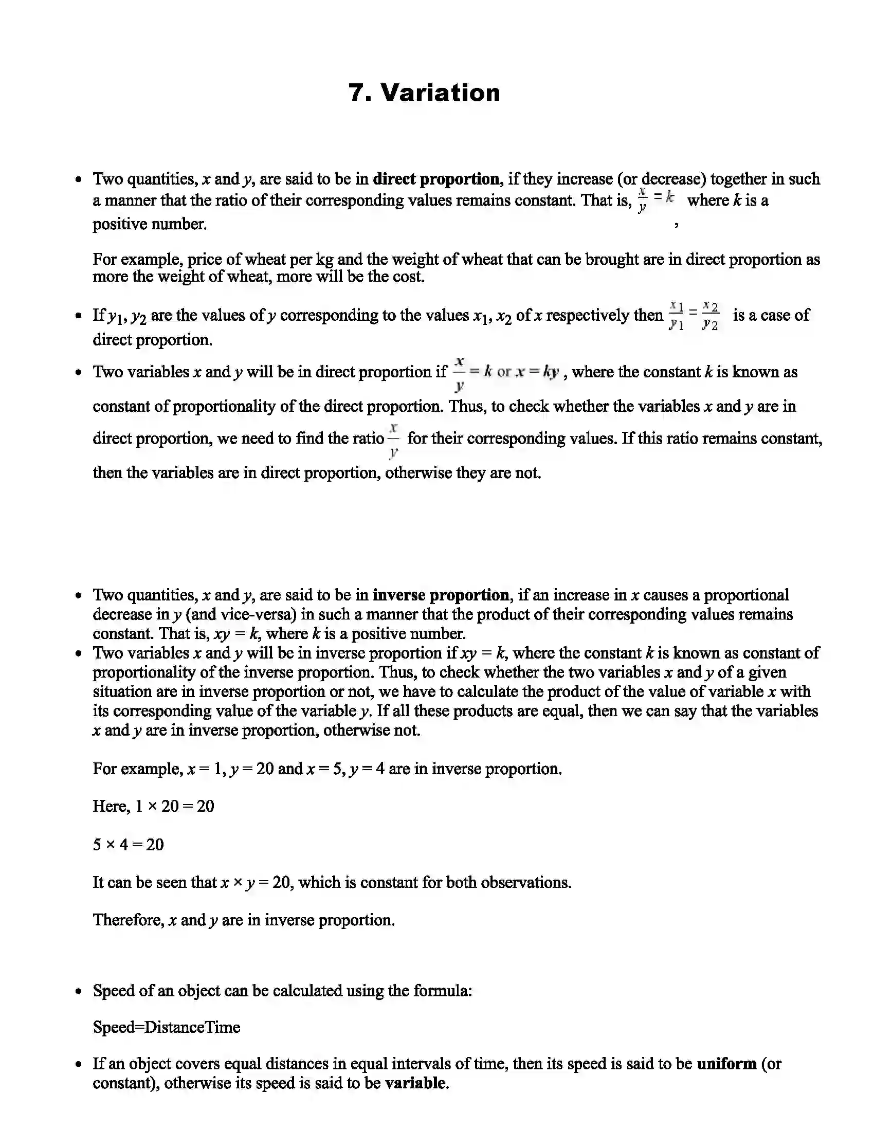 Maharashtra Board Class 8th Mathematics Variation Revision Note 1