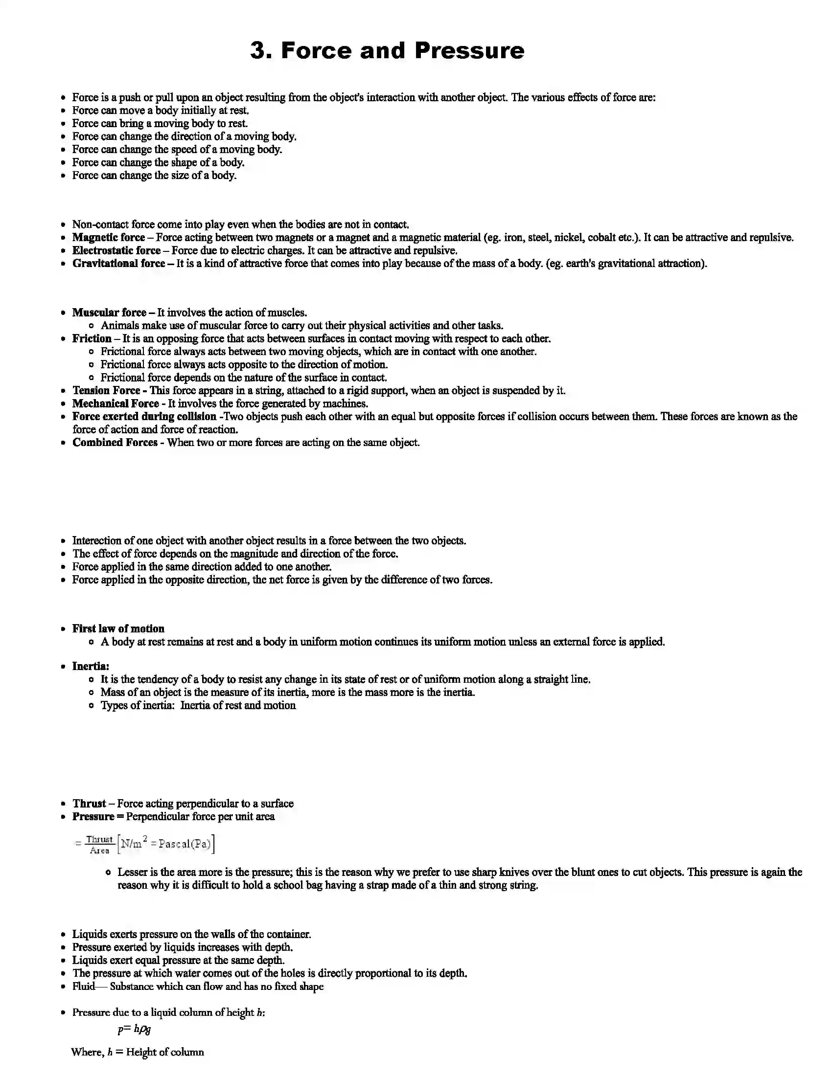 Maharashtra Board Class 8th Science Force and Pressure Revision Note 1