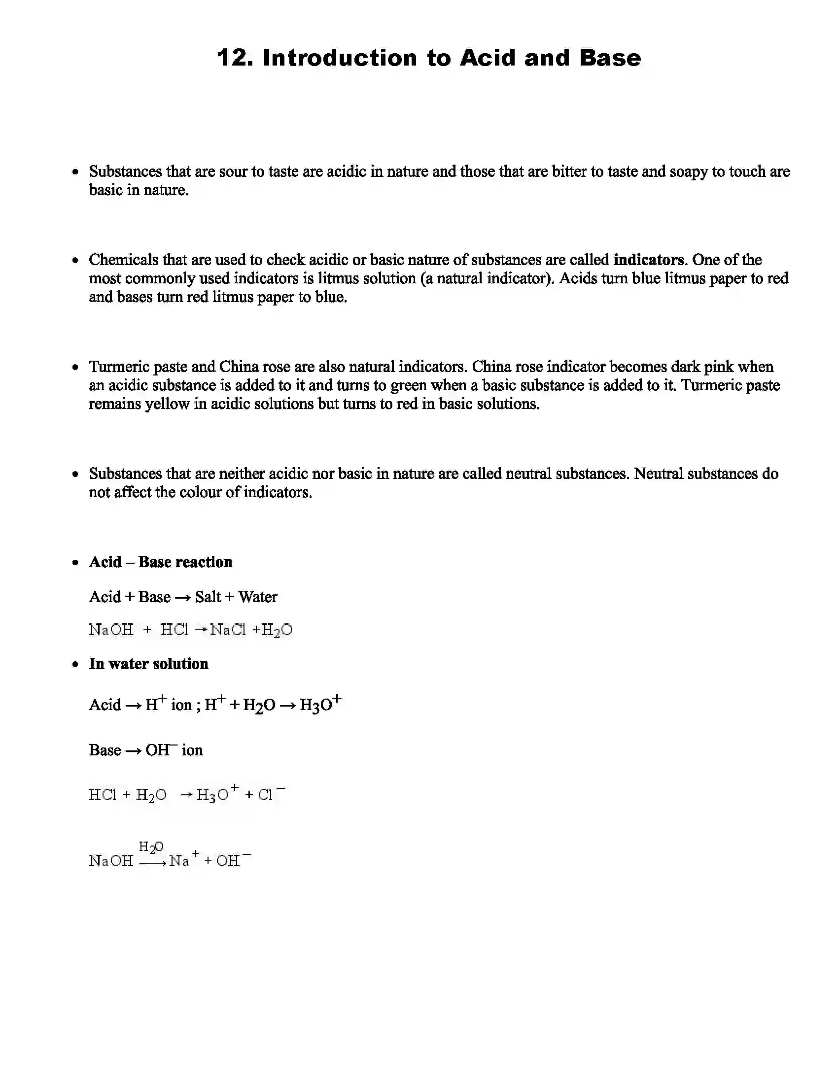 Maharashtra Board Class 8th Science Introduction to Acid and Base Revision Note 1