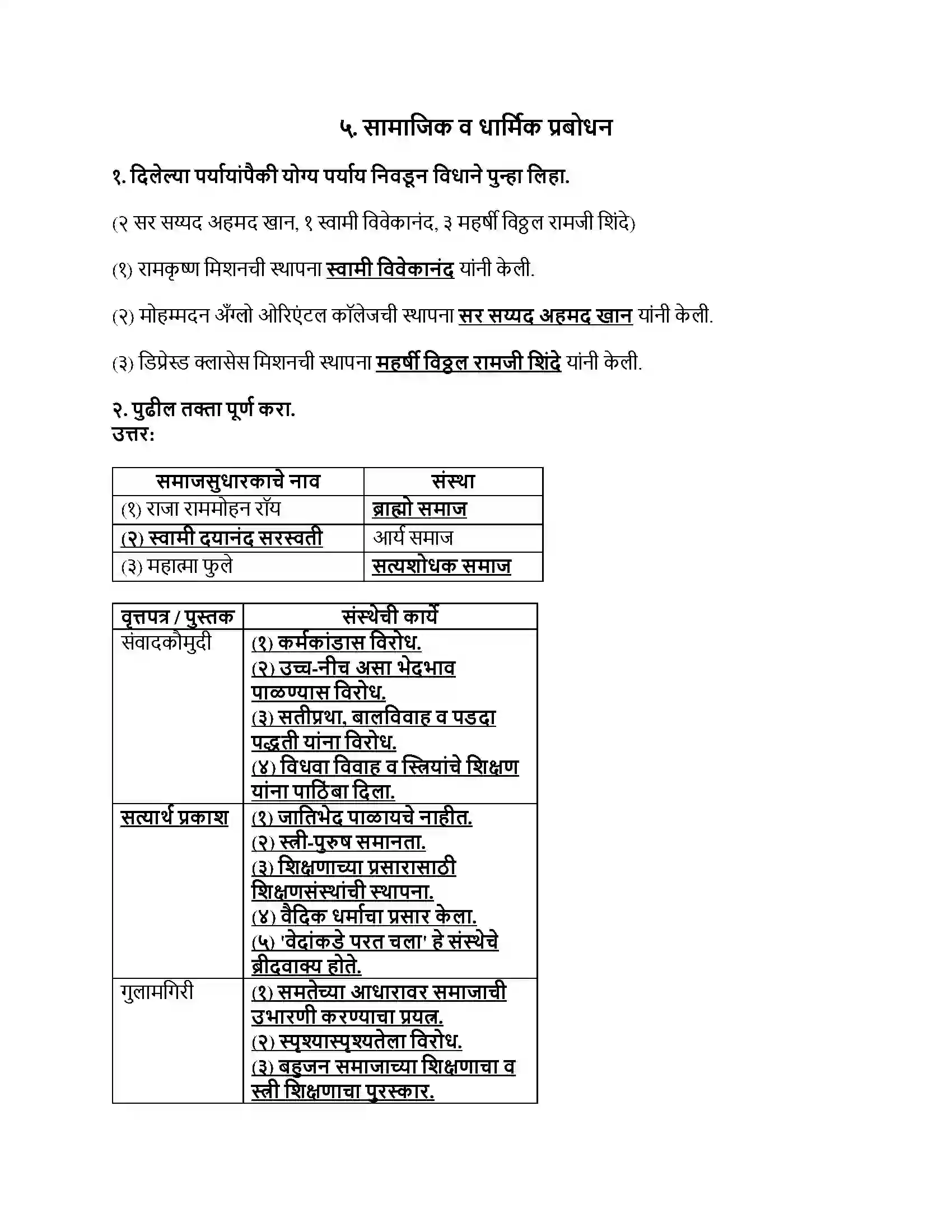 Maharashtra Board Class 8th इतिहास (आधुनिक भारताचा इतिहास) सामाजिक व धार्मिक प्रबोधन Revision Note 1