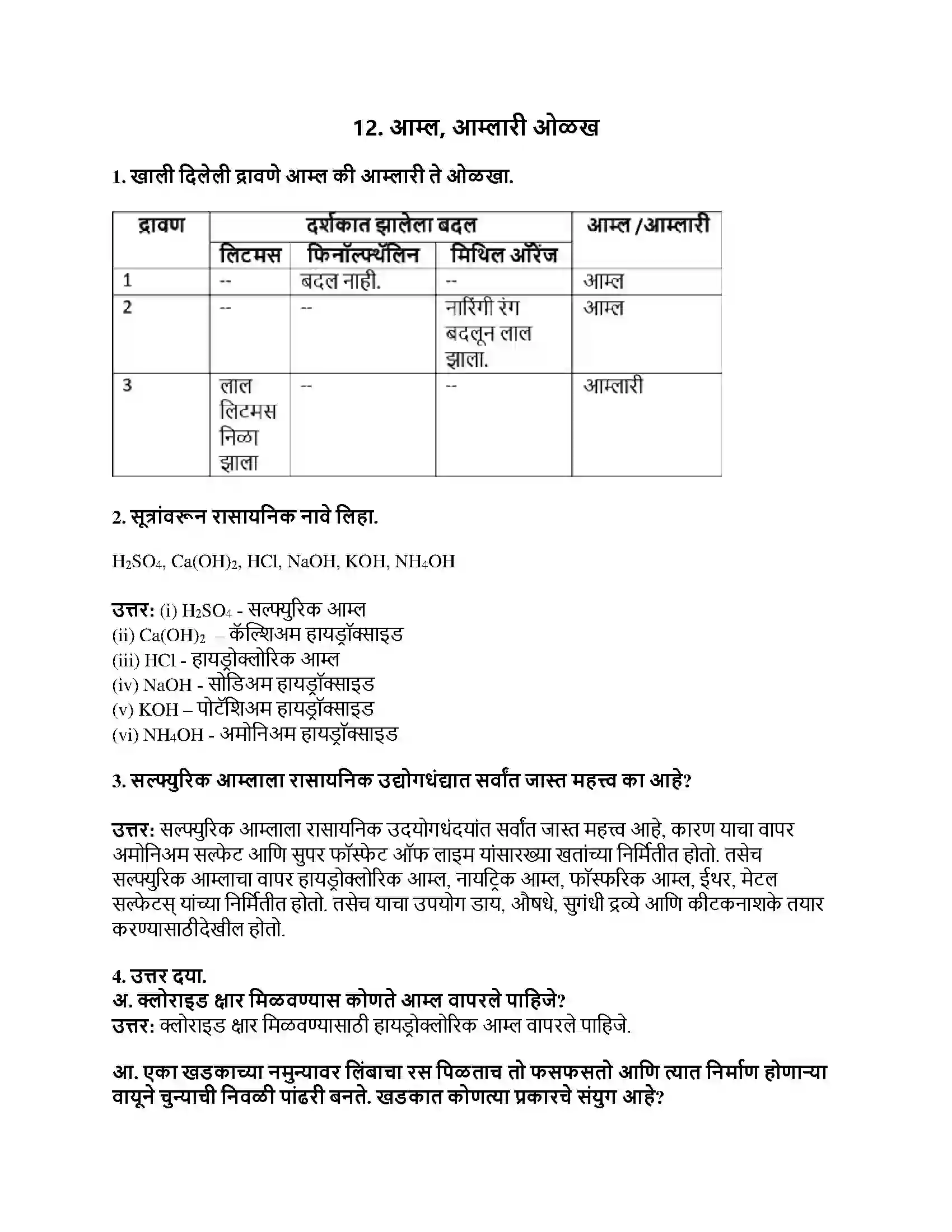 Maharashtra Board Class 8th सामान्य विज्ञान आम्ल, आम्लारी ओळख Revision Note 1