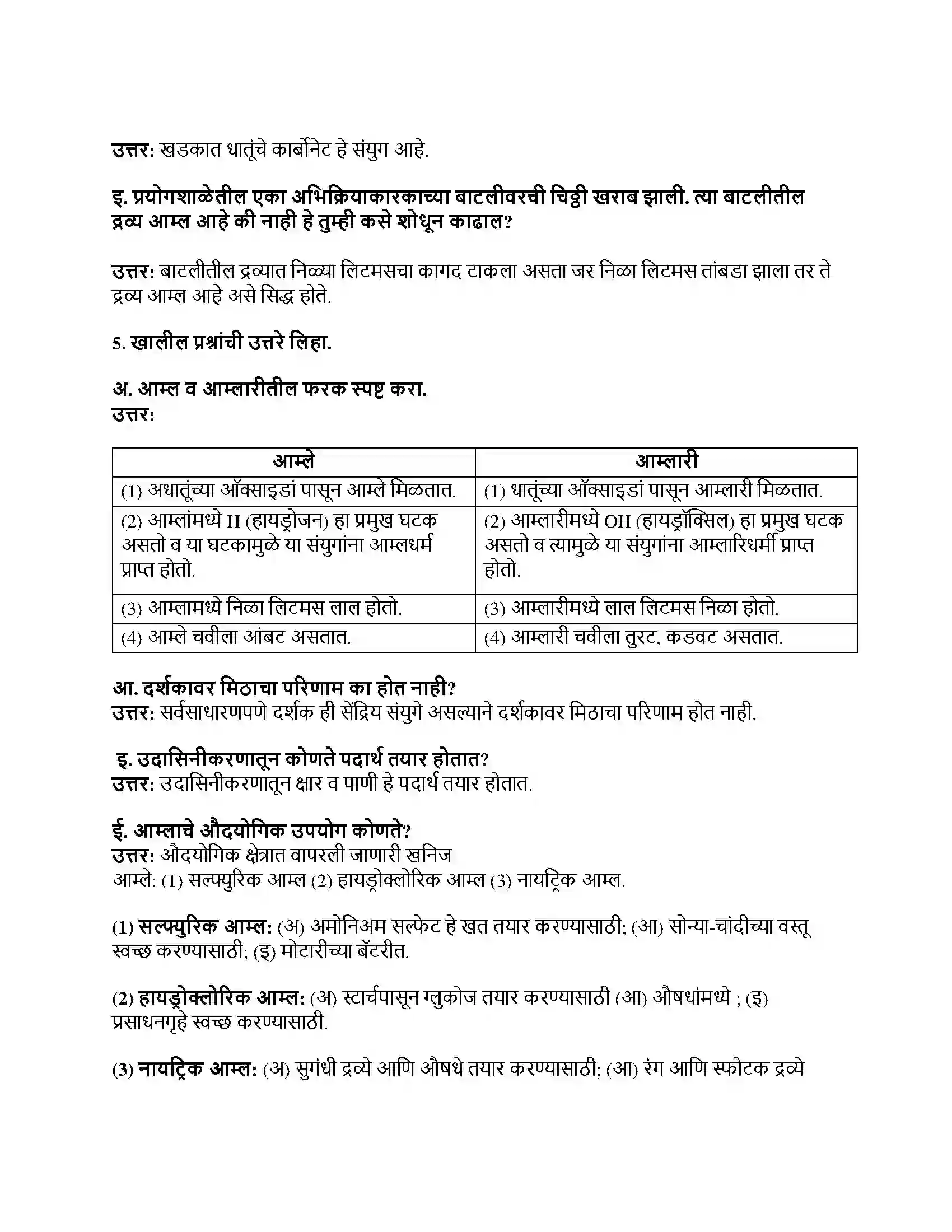 Maharashtra Board Class 8th सामान्य विज्ञान आम्ल, आम्लारी ओळख Revision Note 2