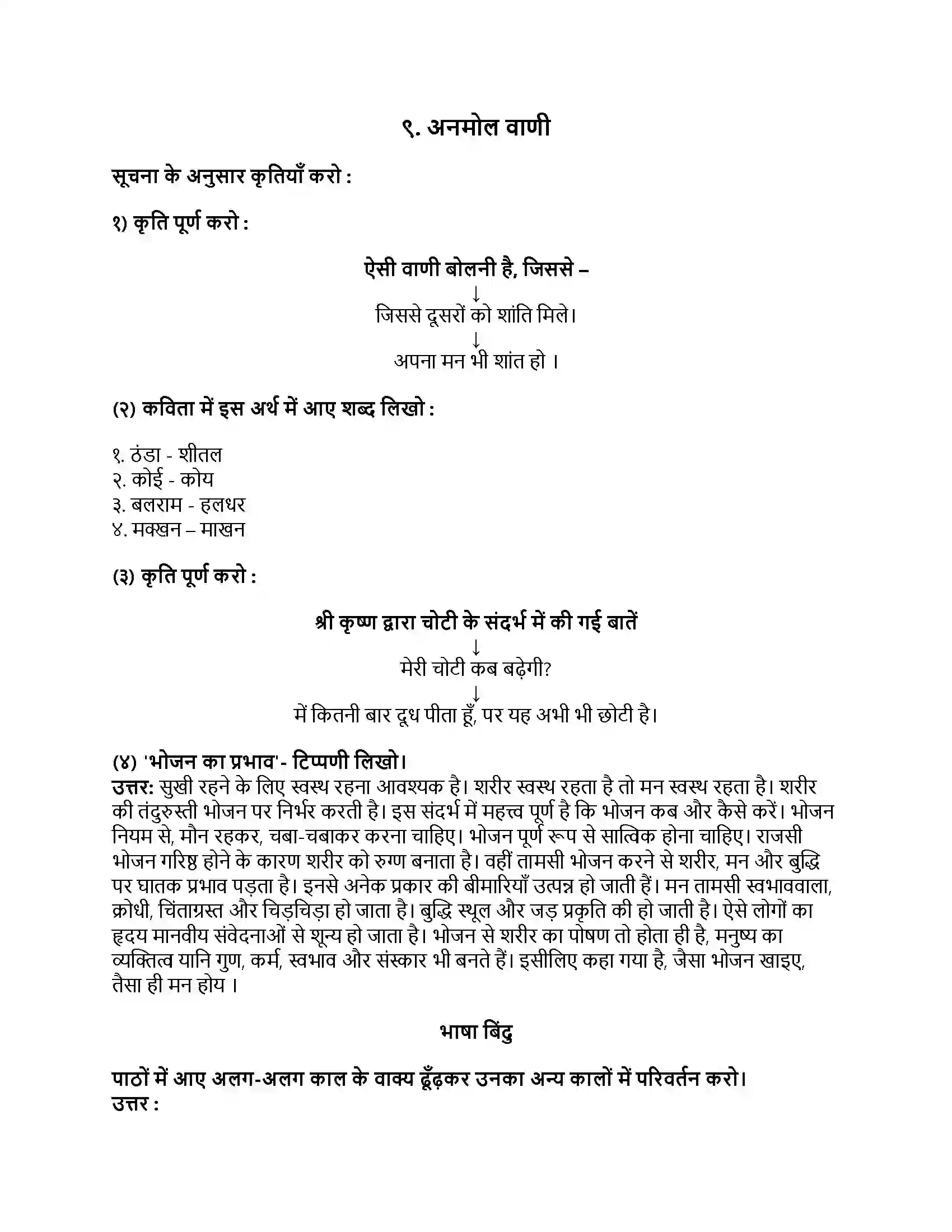 Maharashtra Board Class 8th हिंदी सुलभभारती (पहली इकाई) अनमोल वाणी Revision Note 1