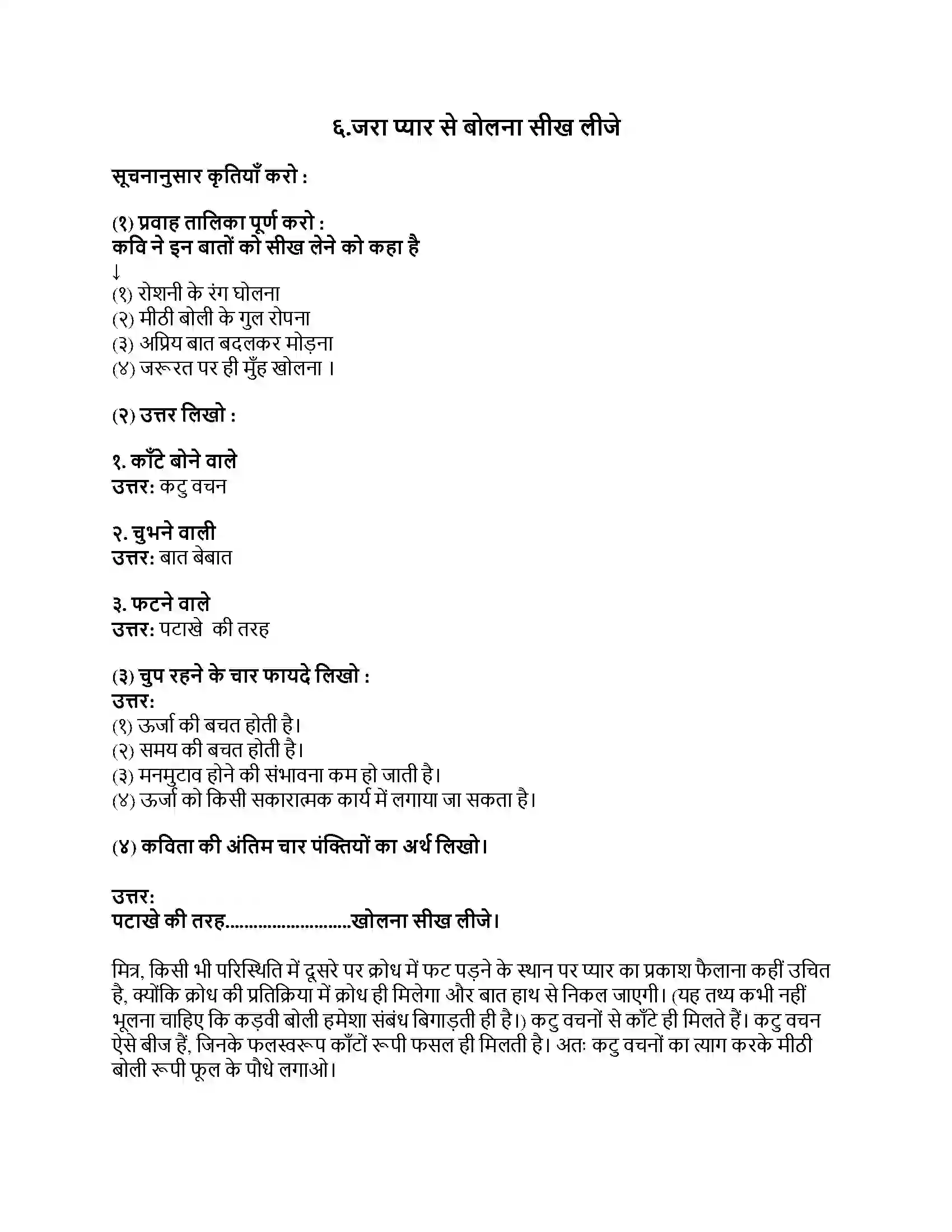 Maharashtra Board Class 8th हिंदी सुलभभारती (पहली इकाई) जरा प्यार से बोलना सीख लीजे Revision Note 1