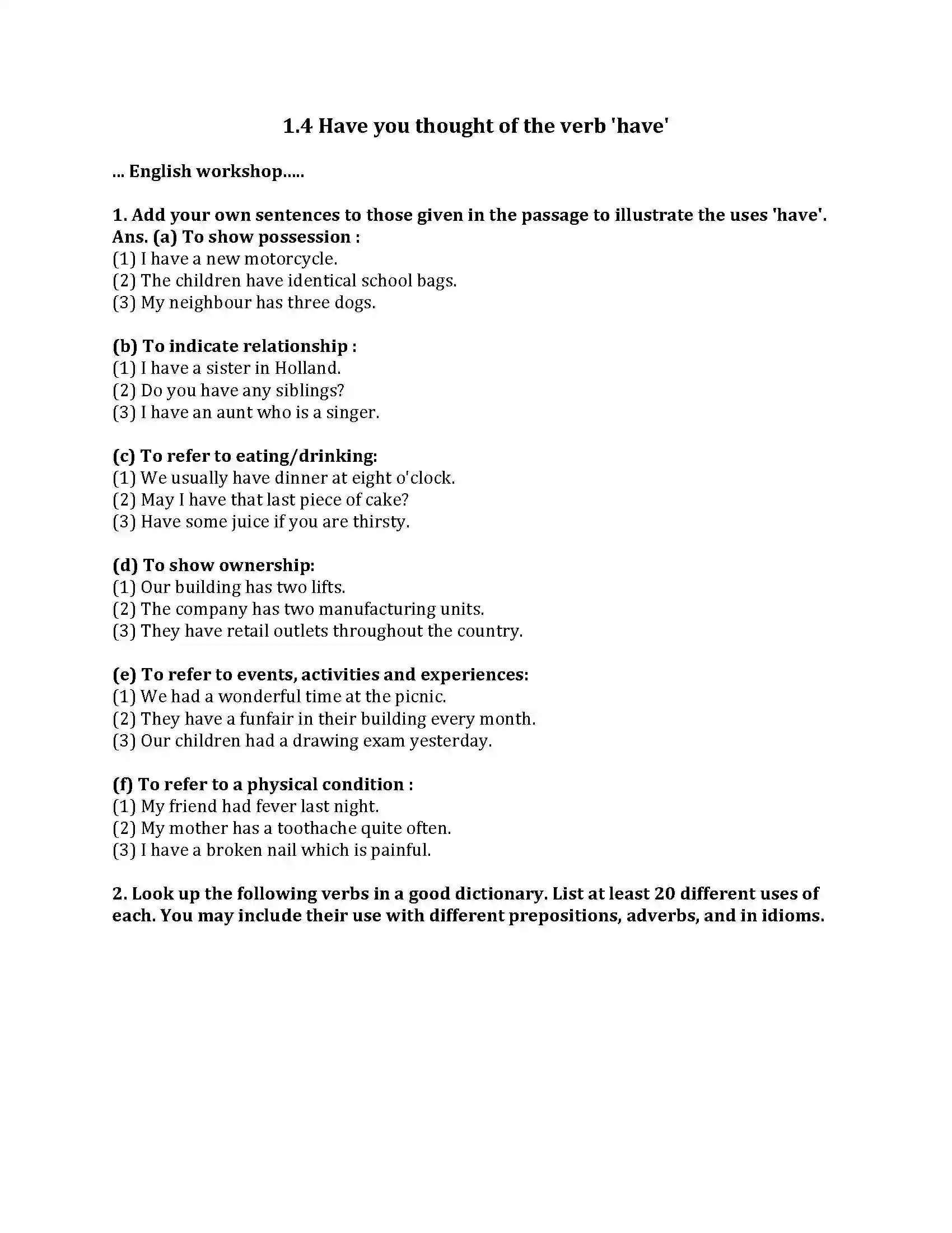 Maharashtra Board Class 9th English Kumar Bharati 1.4 Have you thought of the verb have Revision Note 1