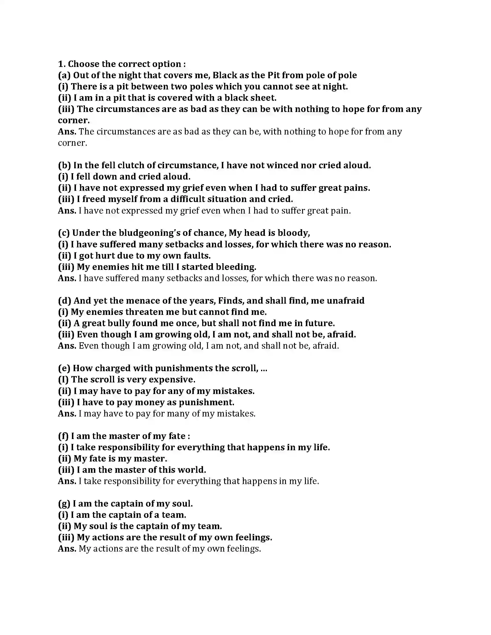 Maharashtra Board Class 9th English Kumar Bharati 2.1 Invictus Revision Note 3