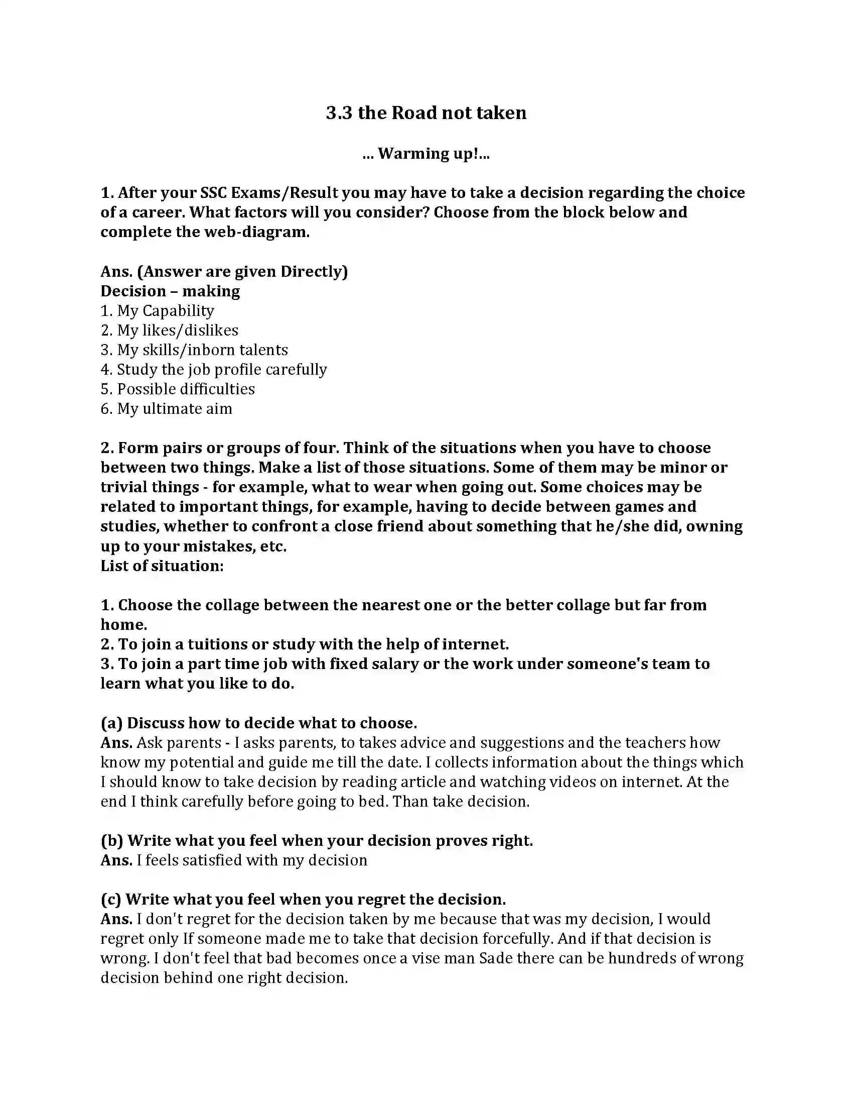 Maharashtra Board Class 9th English Kumar Bharati 3.3 The Road Not Taken Revision Note 1