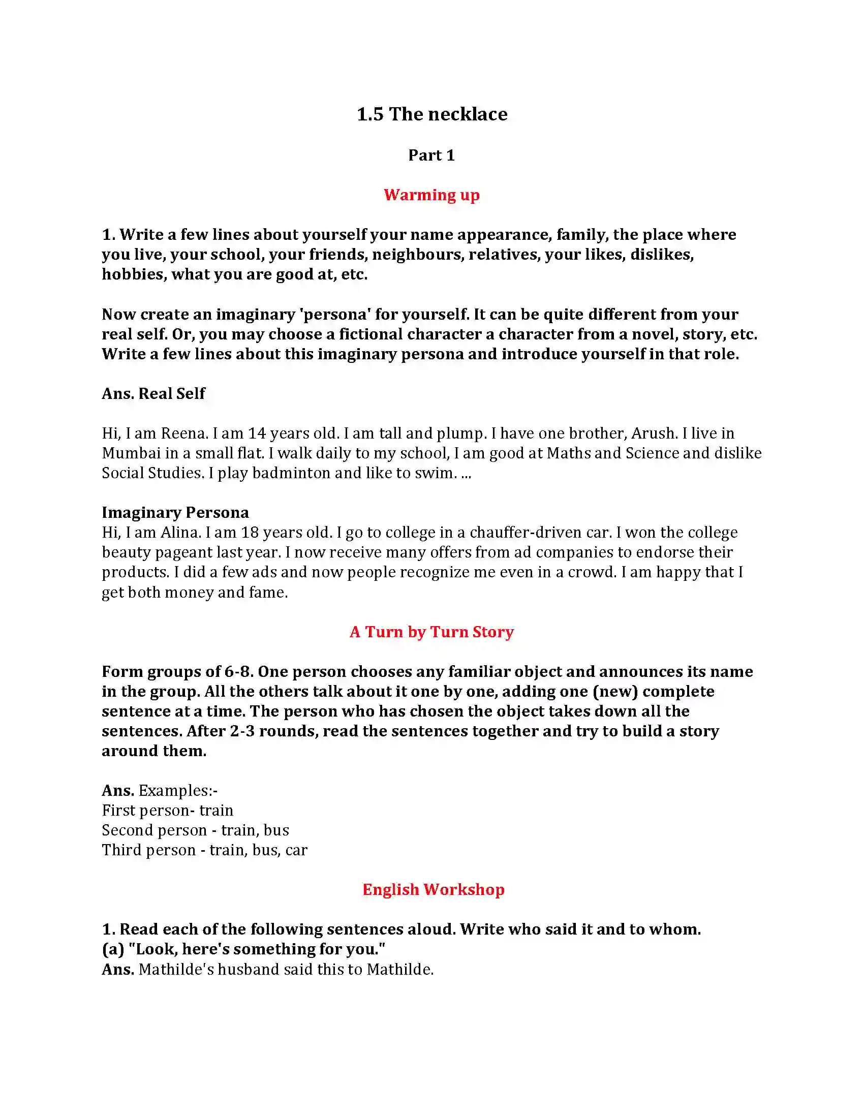 Maharashtra Board Class 9th My English Course Book 1.5 The Necklace Revision Note 1