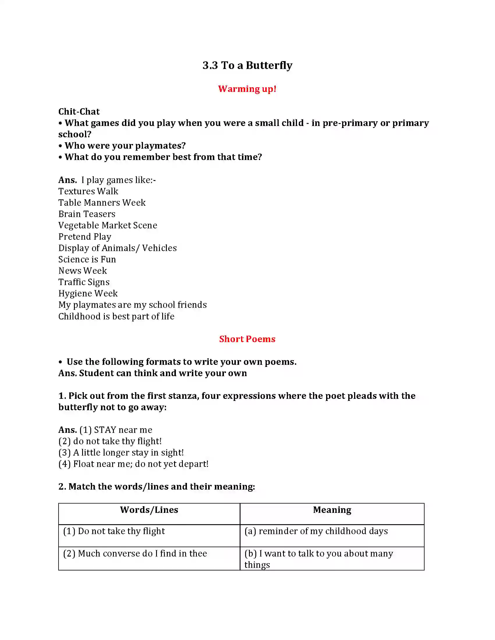 Maharashtra Board Class 9th My English Course Book 3.3 To a Butterfly Revision Note 1