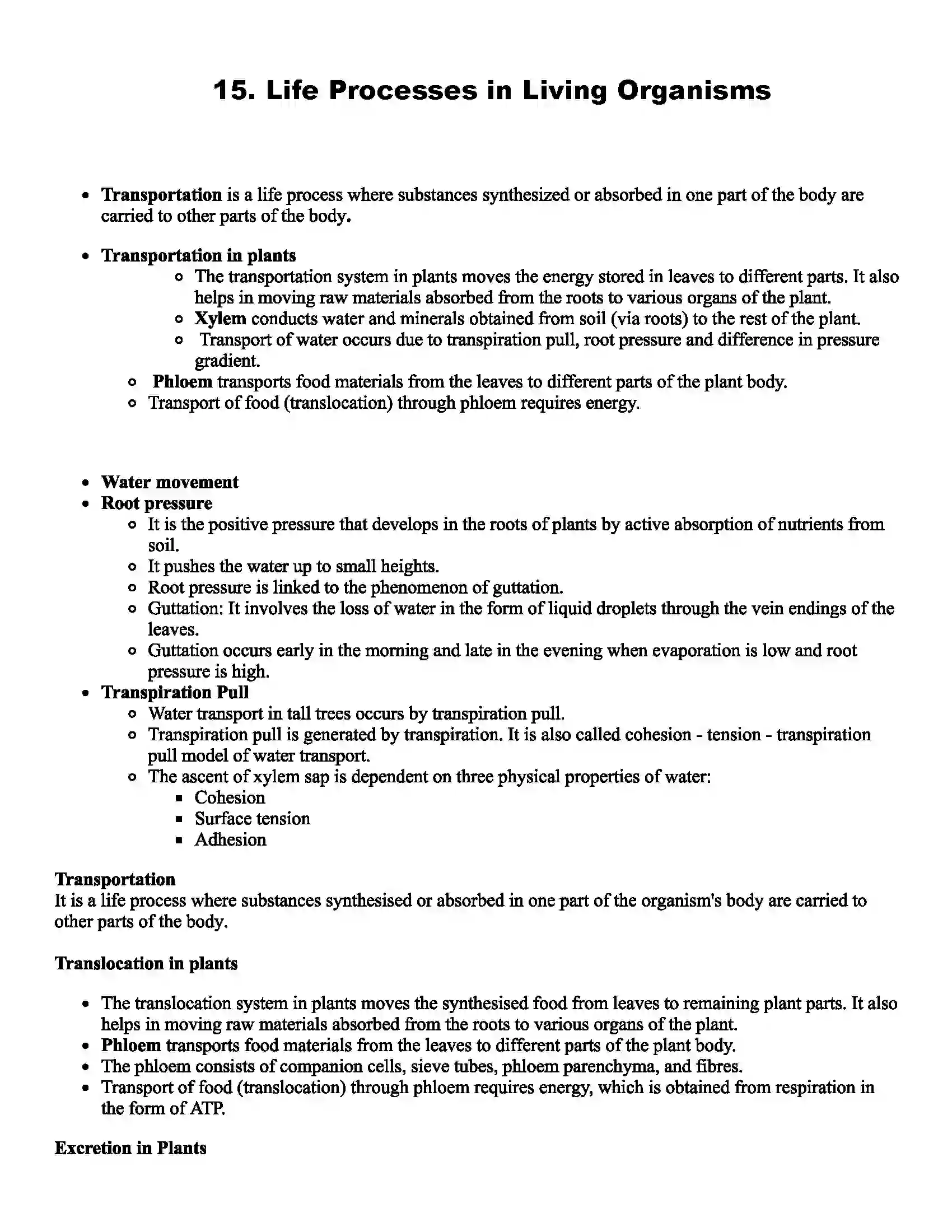 Maharashtra Board Class 9th Science Life Processes in Living Organisms Revision Note 1