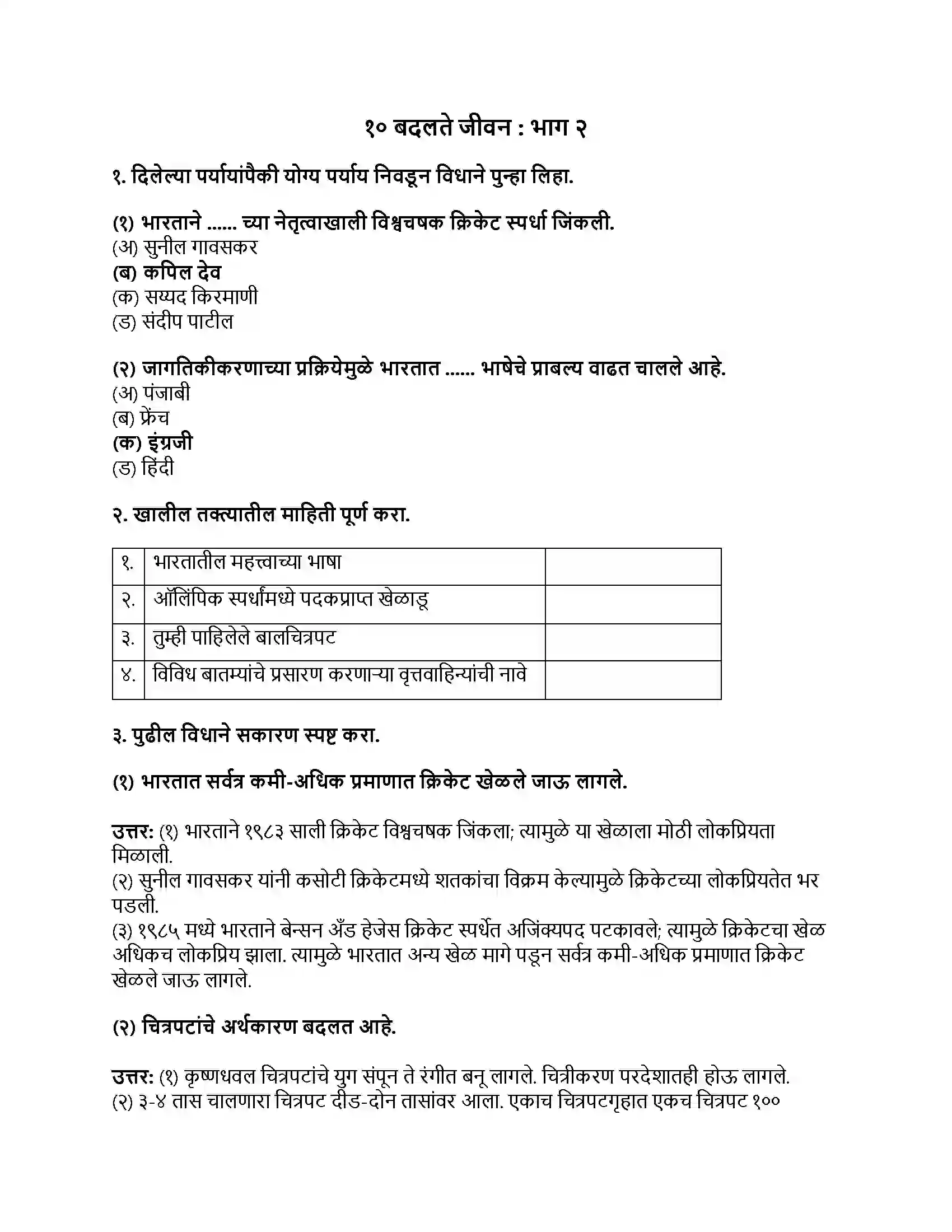 Maharashtra Board Class 9th इतिहास बदलते जीवन - भाग २ Revision Note 1