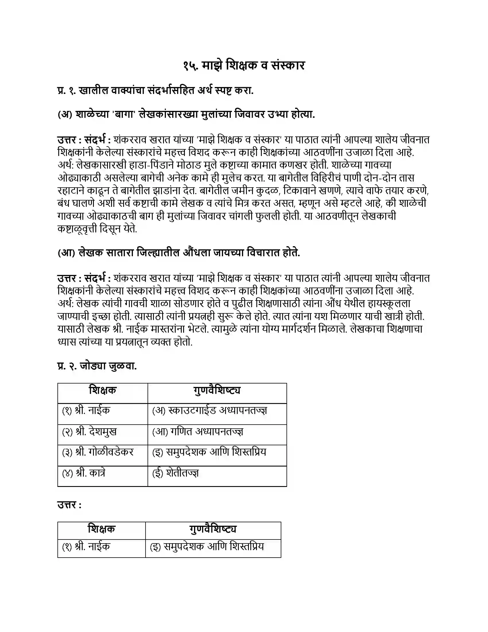 Maharashtra Board Class 9th मराठी अक्षरभारती भाग - IV माझे शिक्षक व संस्कार Revision Note 1
