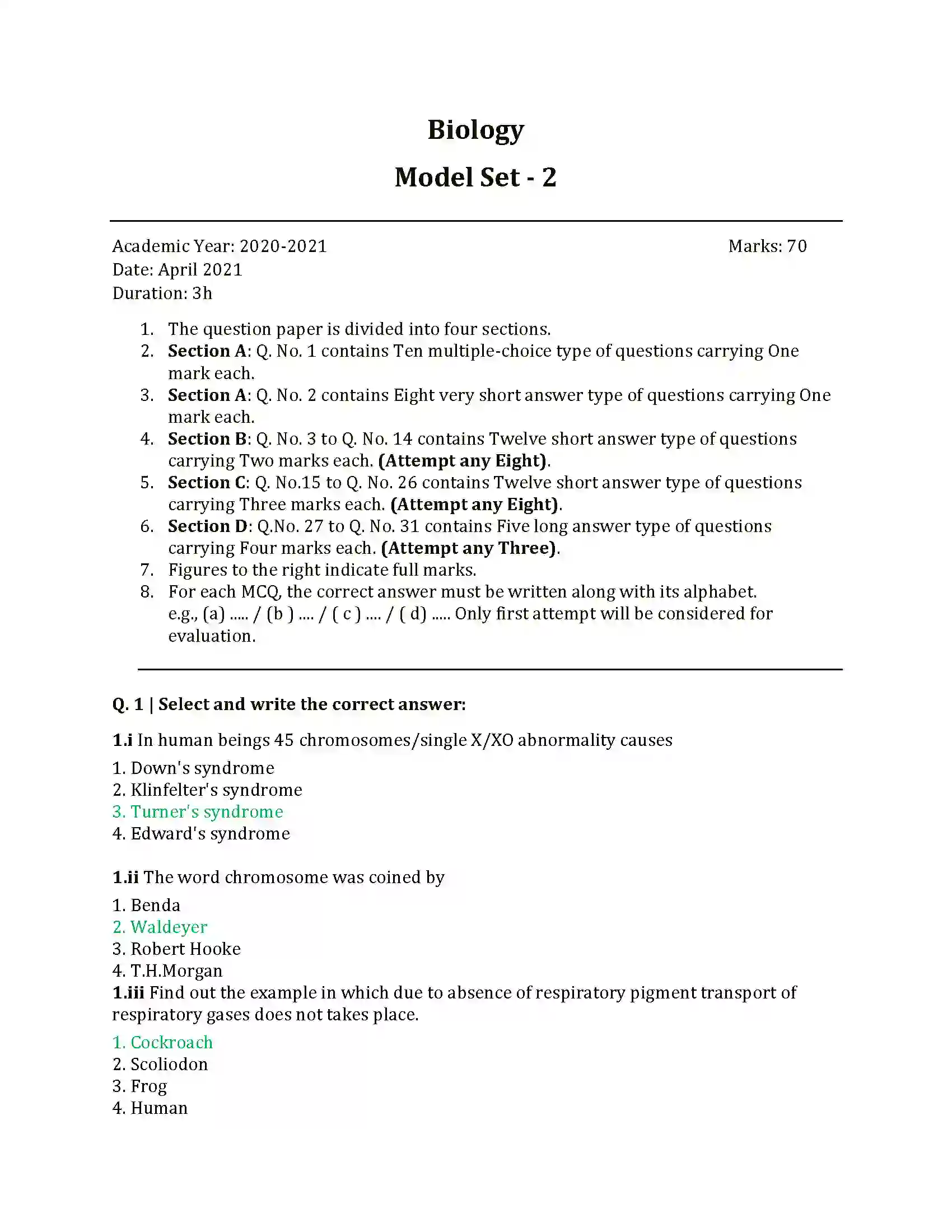 Maharashtra Board Class 12th 2021 Biology Sample Paper 1