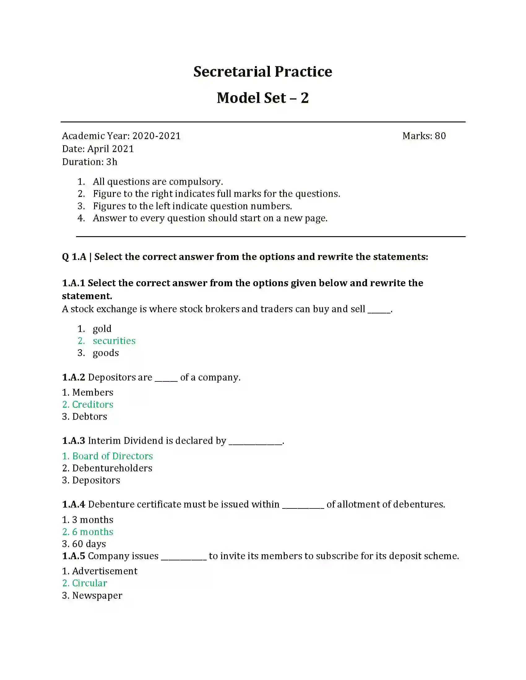 Maharashtra Board Class 12th 2021 Secretarial Practice Sample Paper 1