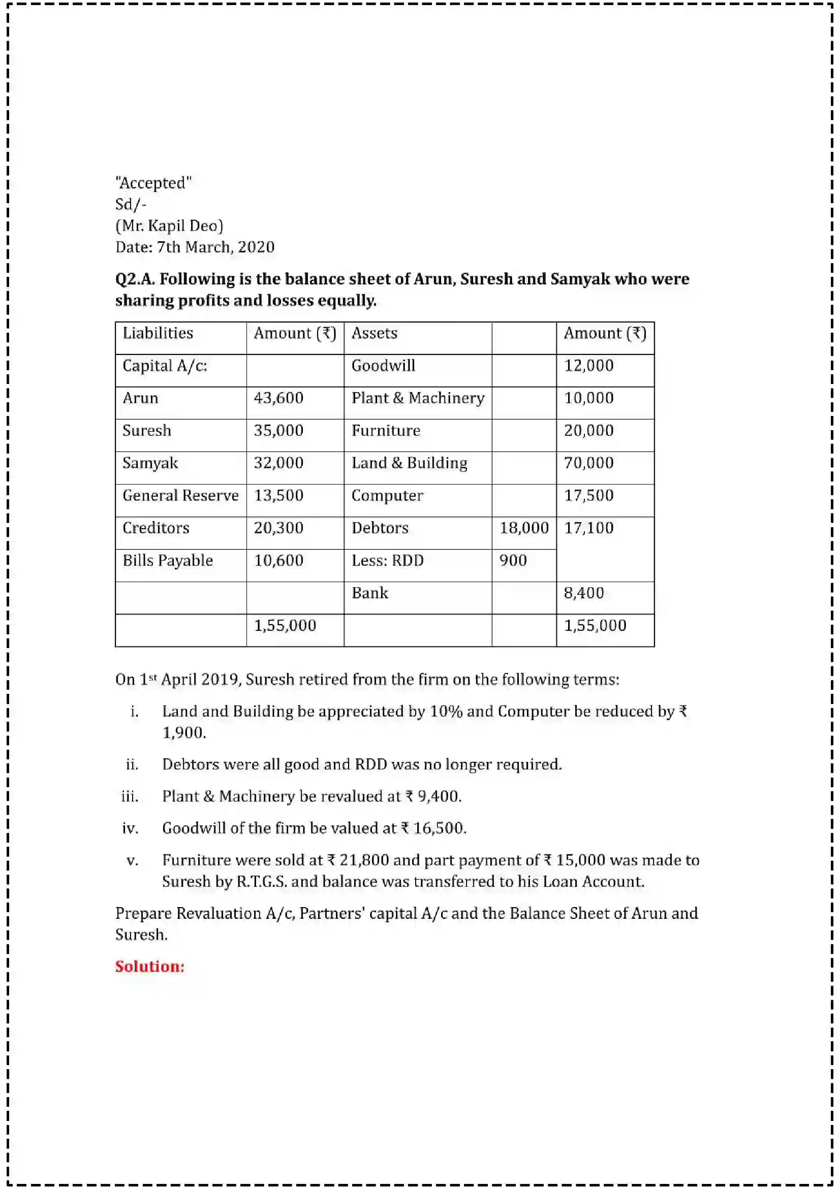 Maharashtra Board Class 12th 2025 Book Keeping & Accountancy Set - 1 - Sample Paper 6