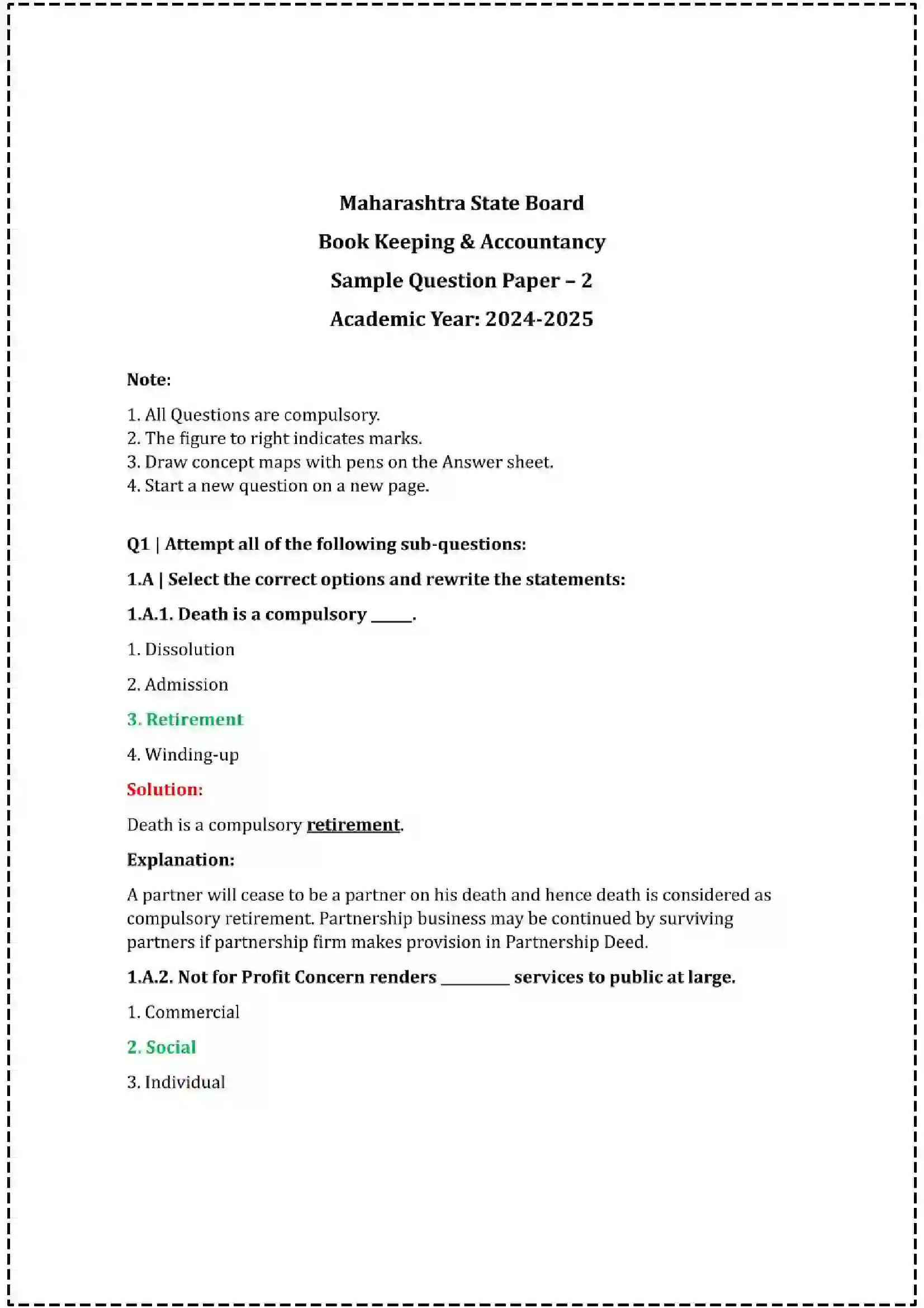 Maharashtra Board Class 12th 2025 Book Keeping & Accountancy Set - 2 - Sample Paper 1